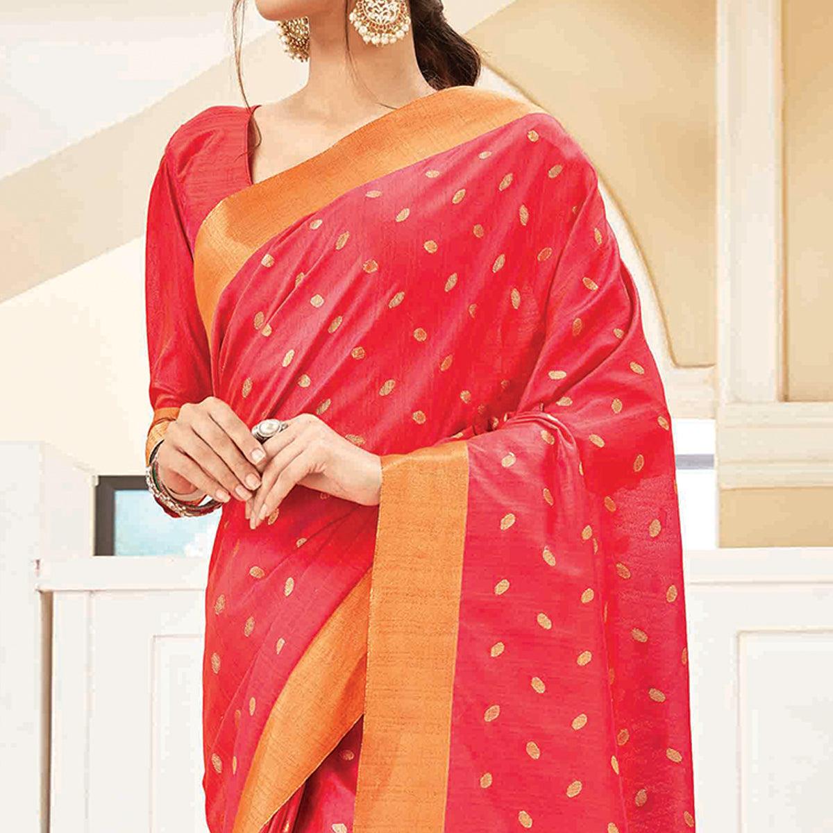 Glorious Pink Colored Festive Wear Woven Handloom Silk Saree With Tassels - Peachmode