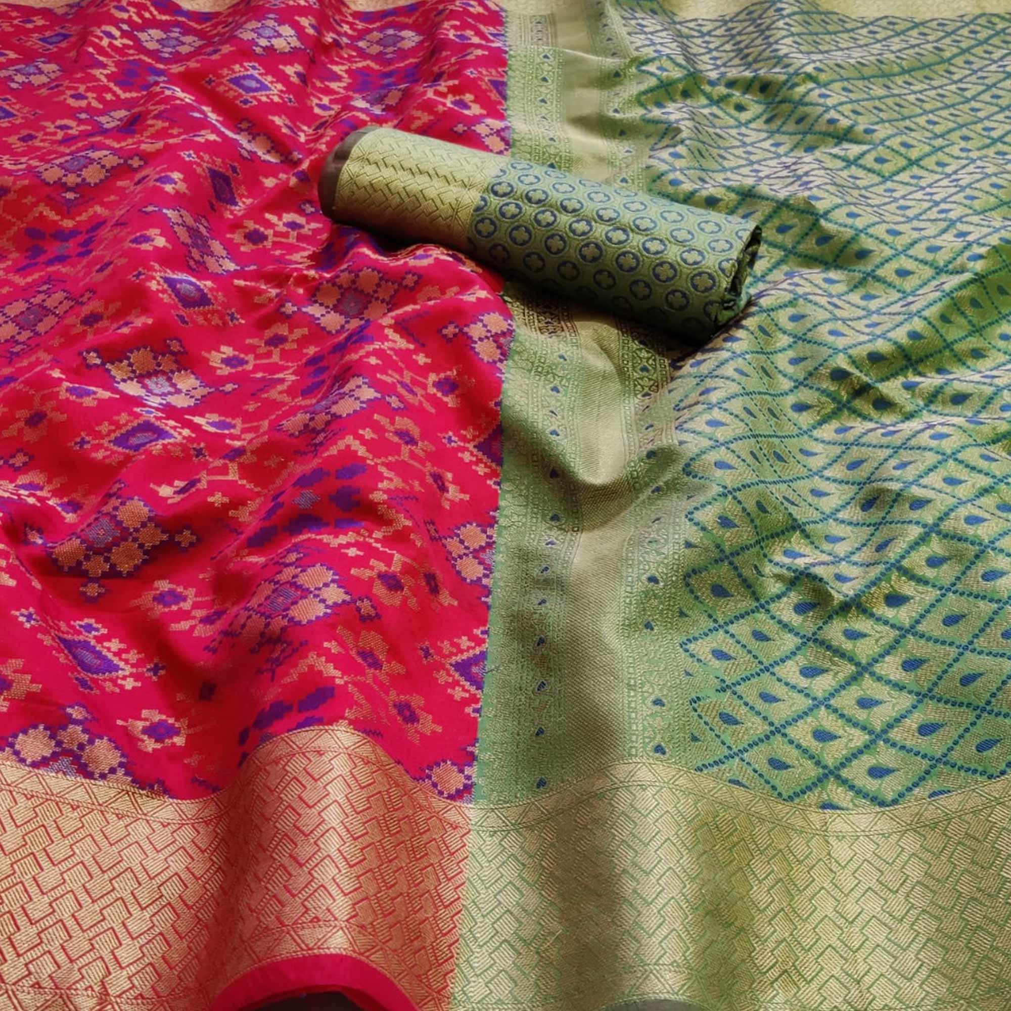 Glorious Pink Colored Festive Wear Woven Patola Silk Saree - Peachmode