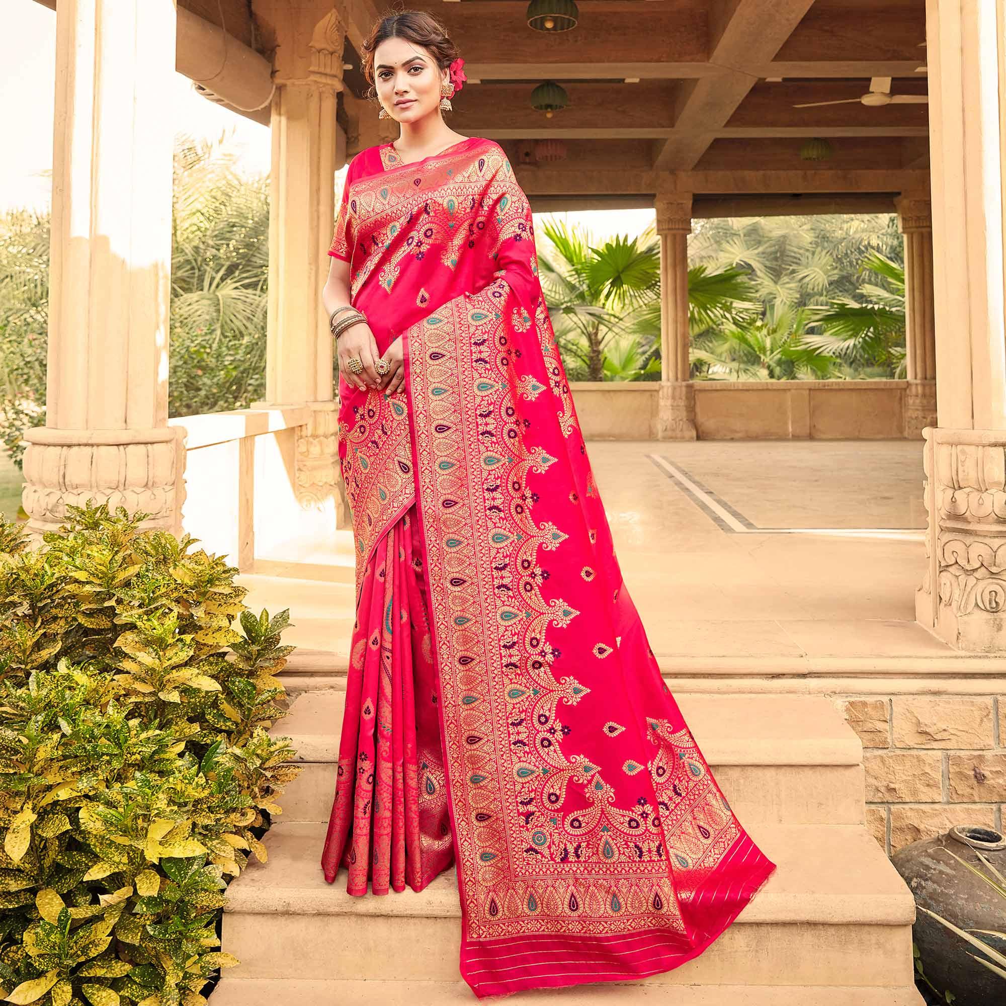 Glorious Pink Coloured Designer Partywear Weaving Silk Saree - Peachmode