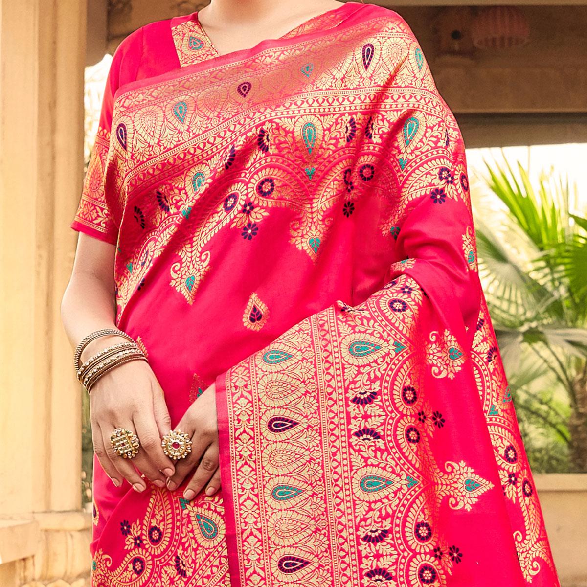 Glorious Pink Coloured Designer Partywear Weaving Silk Saree - Peachmode
