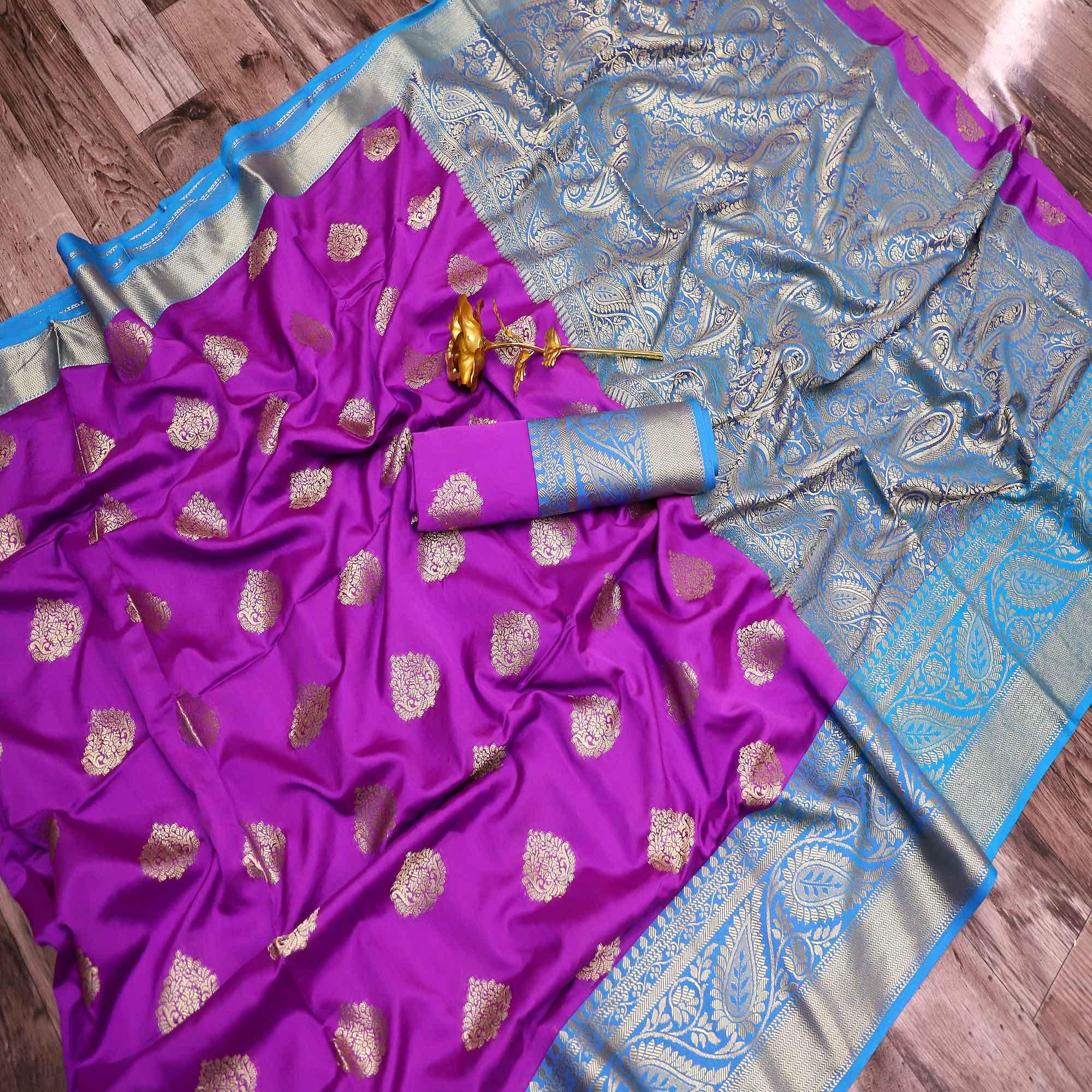 Glorious Purple Colored Festive Wear Woven Banarasi Silk Saree - Peachmode