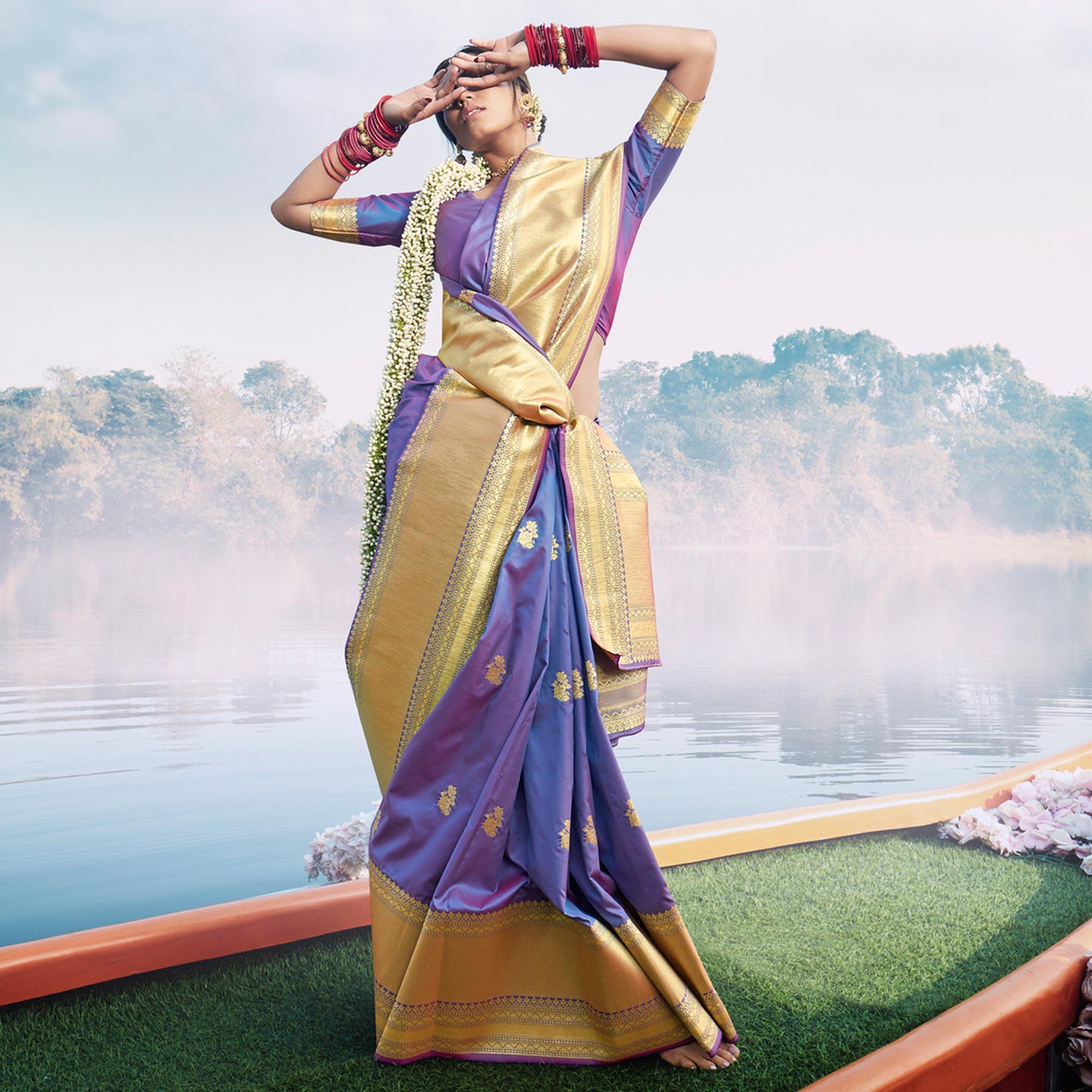 Glorious Purple Colored Festive Wear Woven Banarasi Silk Saree - Peachmode