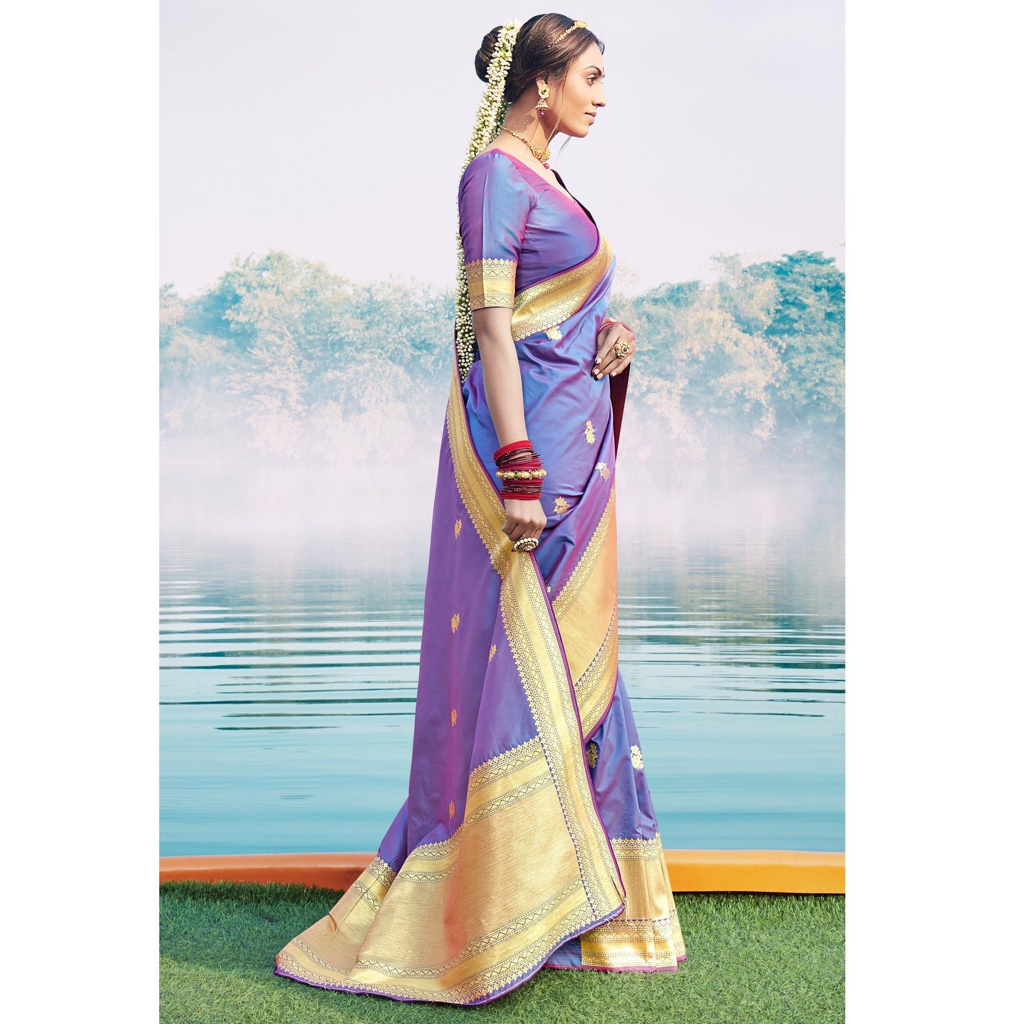 Glorious Purple Colored Festive Wear Woven Banarasi Silk Saree - Peachmode