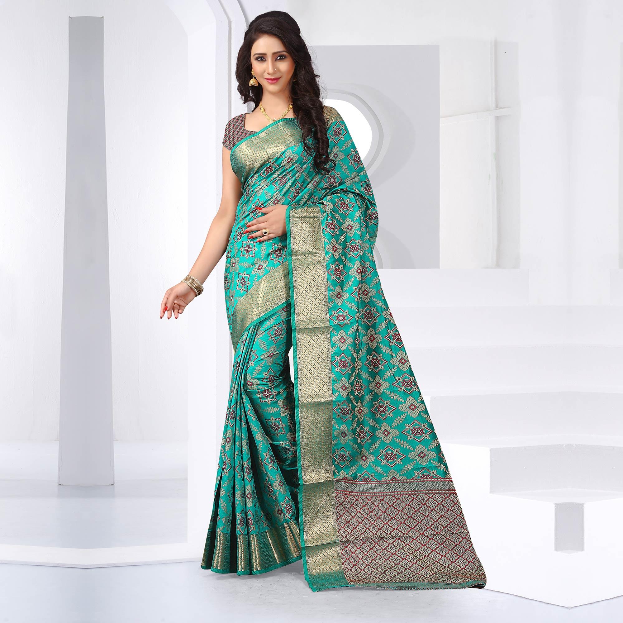 Glorious Rama Green Colored Festive Wear Woven Silk Saree - Peachmode