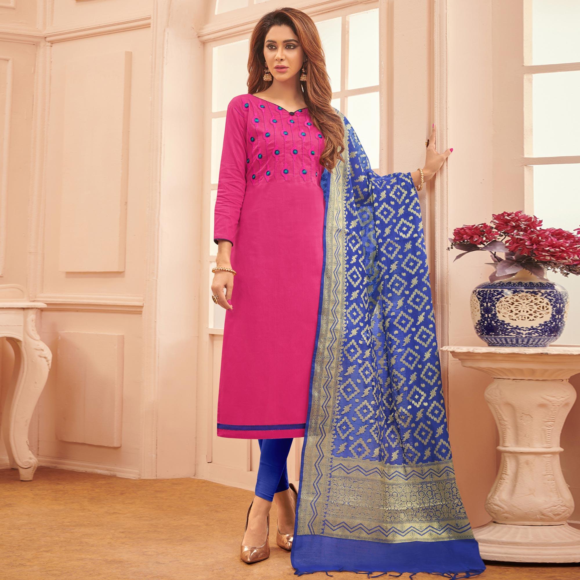 Glorious Rani Pink Colored Casual Wear Embroidered Cotton Dress Material With Banarasi Silk Dupatta - Peachmode