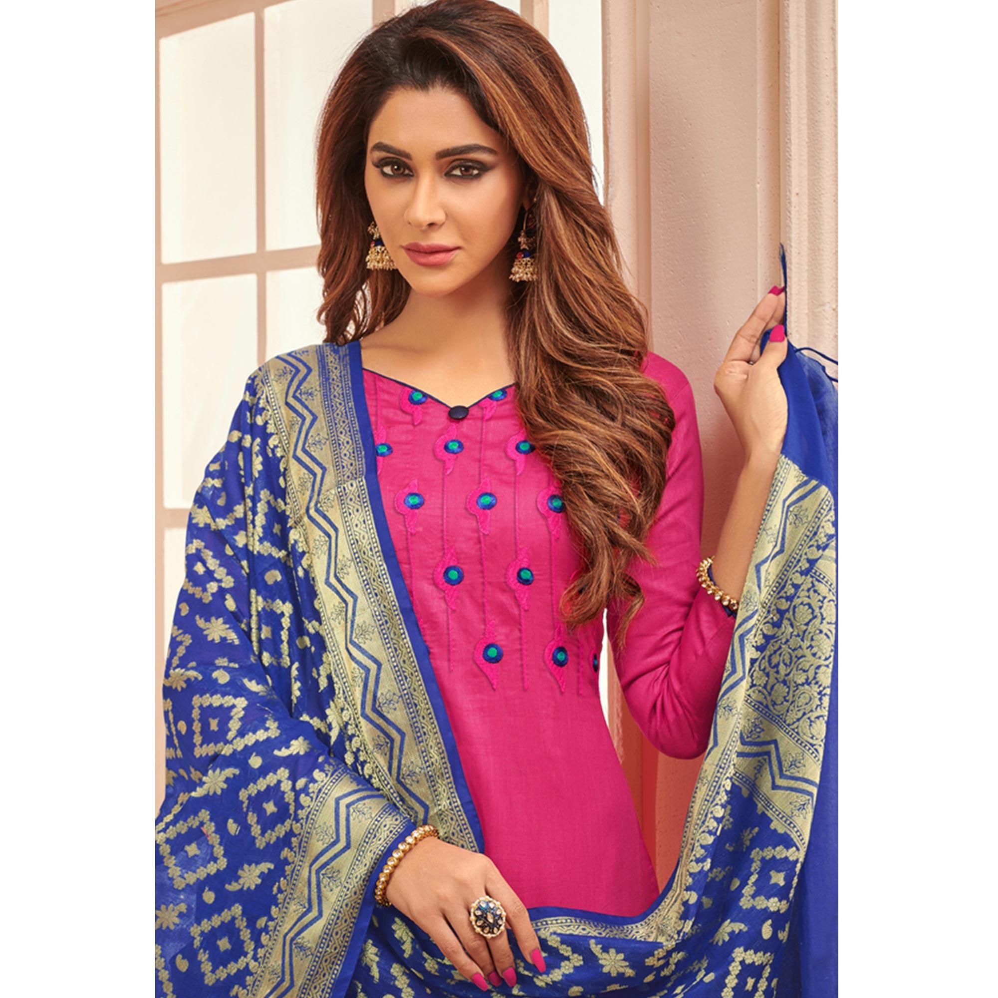 Glorious Rani Pink Colored Casual Wear Embroidered Cotton Dress Material With Banarasi Silk Dupatta - Peachmode