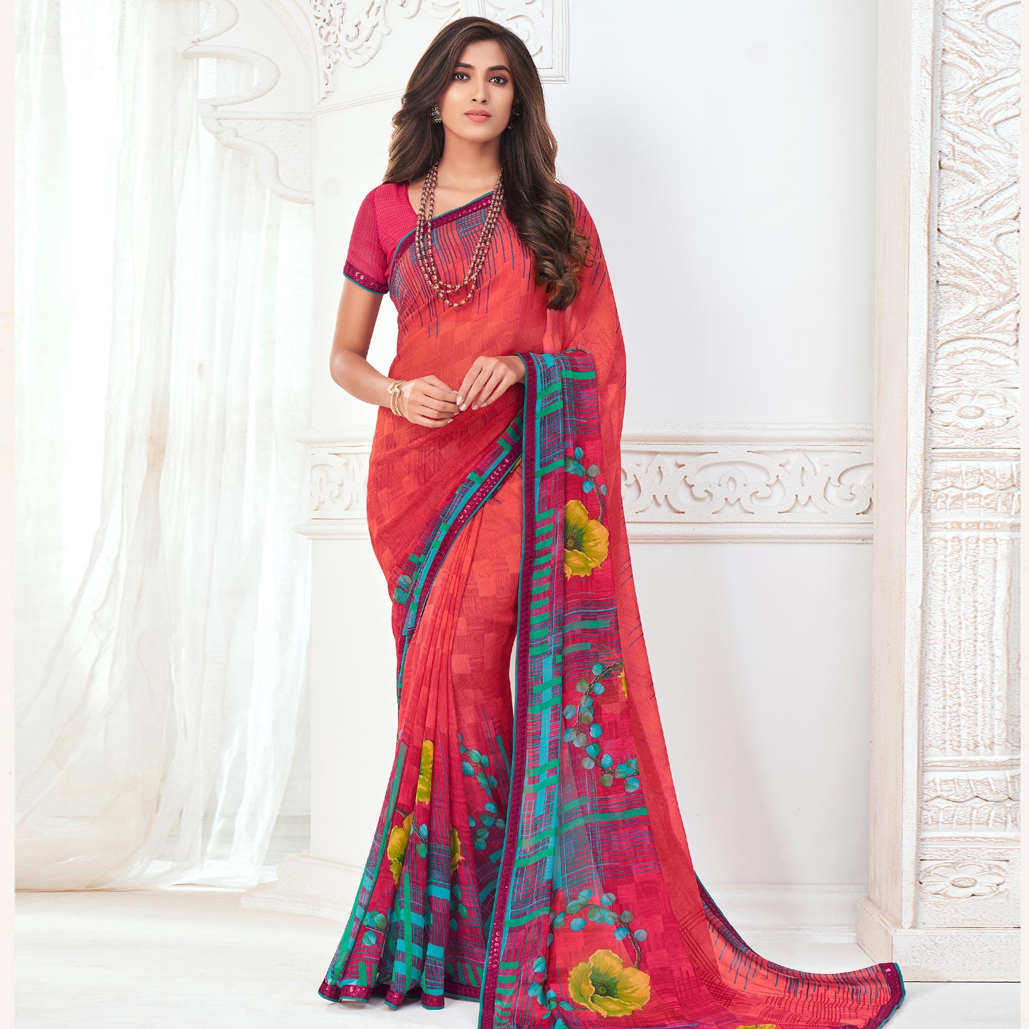 Glorious Red Colored Casual Wear Floral Printed Pure Georgette Saree - Peachmode