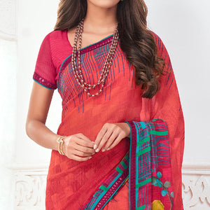 Glorious Red Colored Casual Wear Floral Printed Pure Georgette Saree - Peachmode