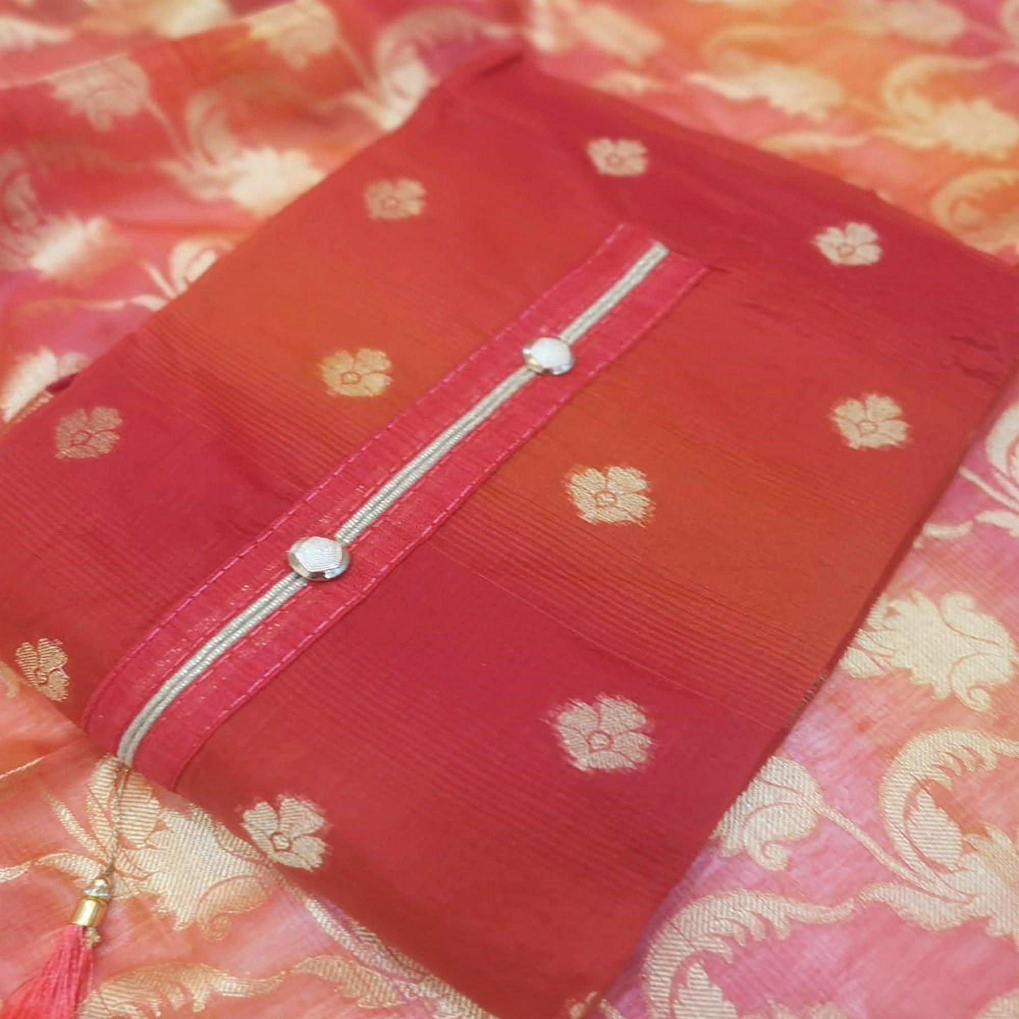 Glorious Red Colored Festive Wear Woven Banarasi Silk Dress Material - Peachmode