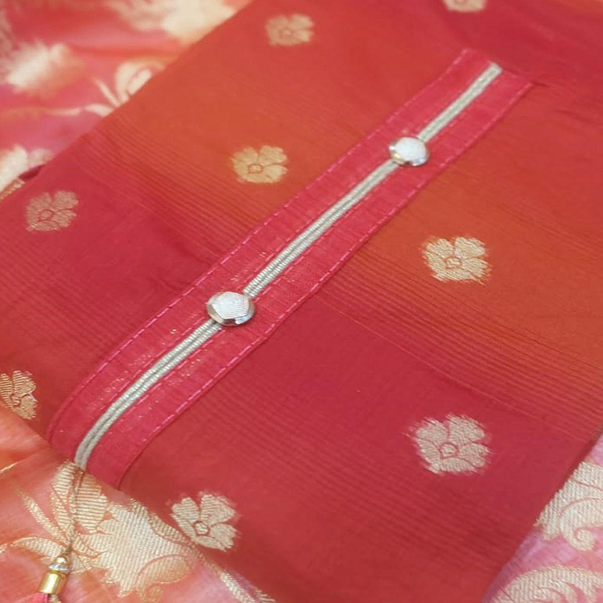 Glorious Red Colored Festive Wear Woven Banarasi Silk Dress Material - Peachmode