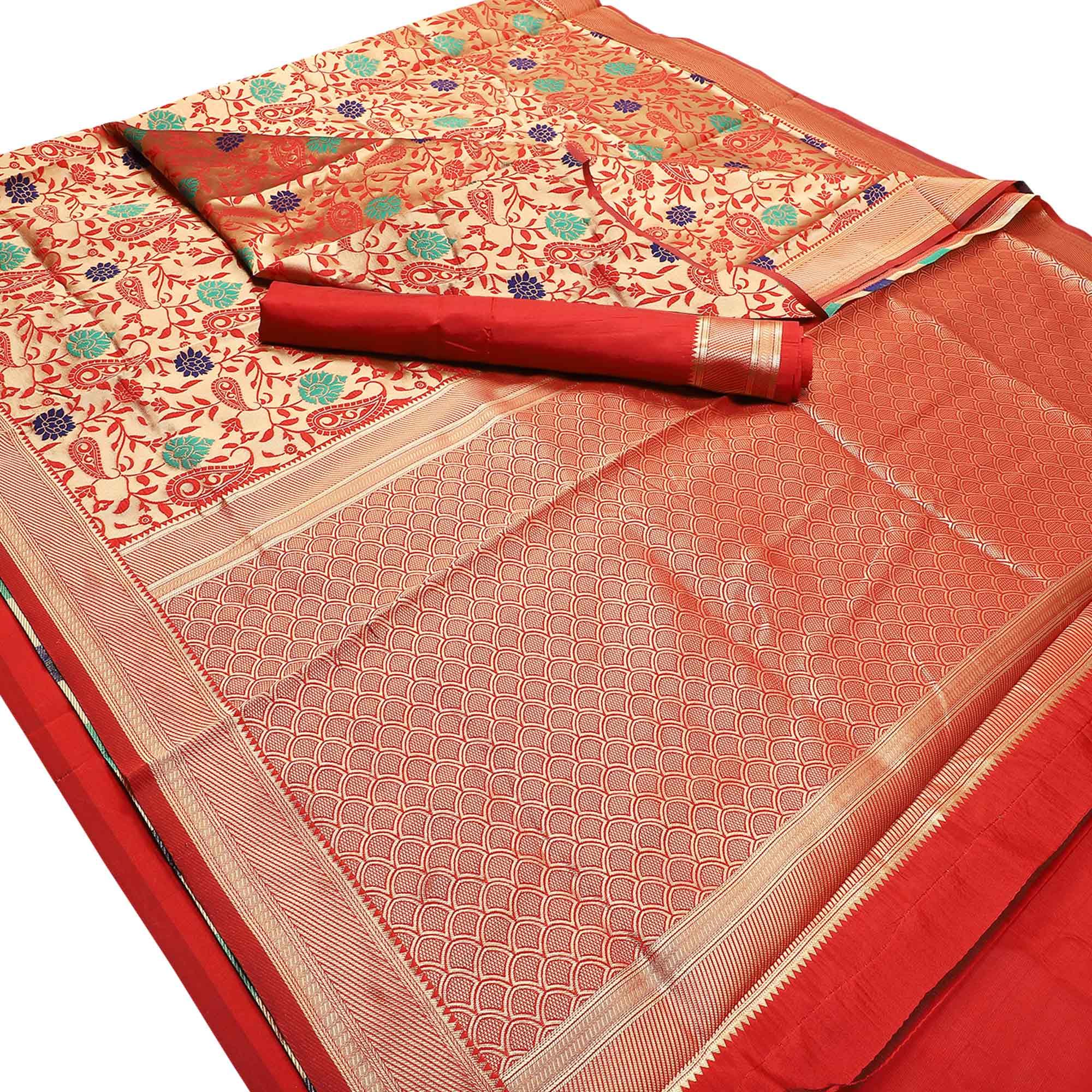 Glorious Red Colored Festive Wear Woven Banarasi Silk Saree - Peachmode