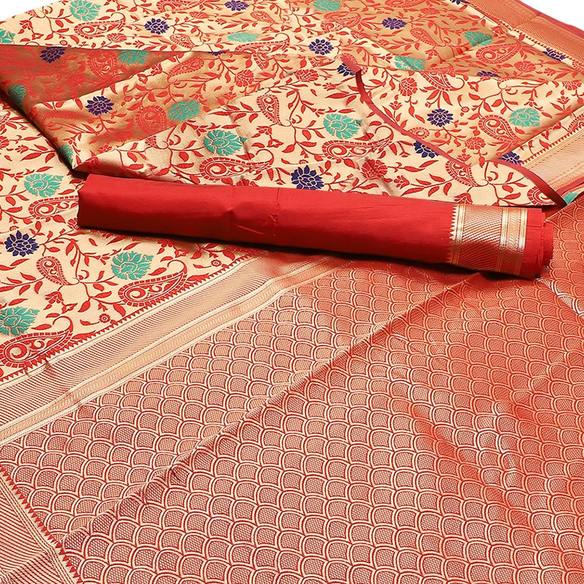 Glorious Red Colored Festive Wear Woven Banarasi Silk Saree - Peachmode