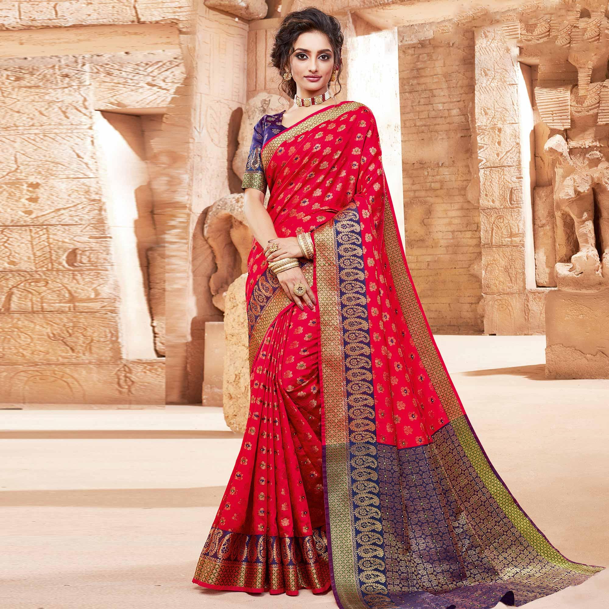 Glorious Red Colored Festive Wear Woven Handloom Silk Saree - Peachmode