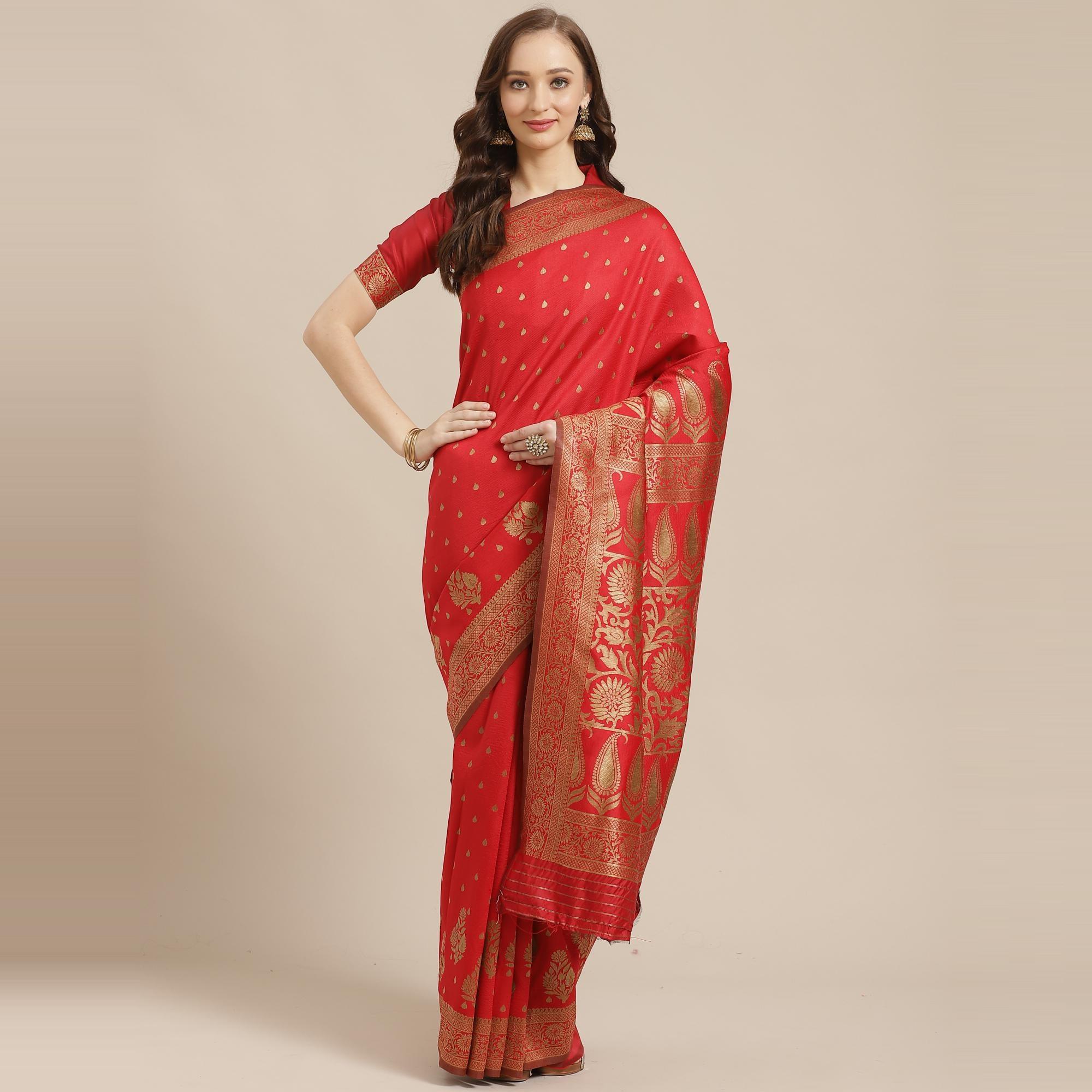 Glorious Red Colored Festive Wear Woven Silk Blend Saree - Peachmode