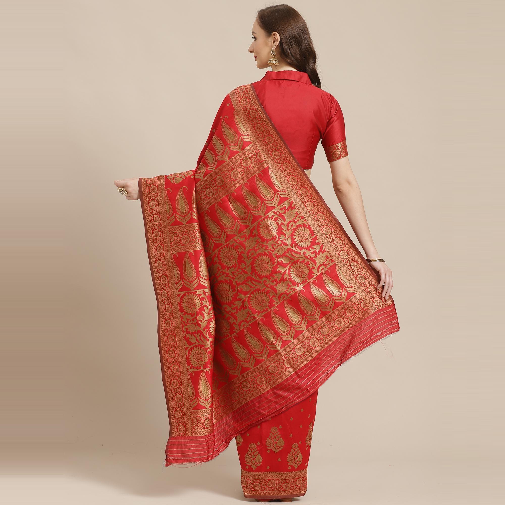 Glorious Red Colored Festive Wear Woven Silk Blend Saree - Peachmode