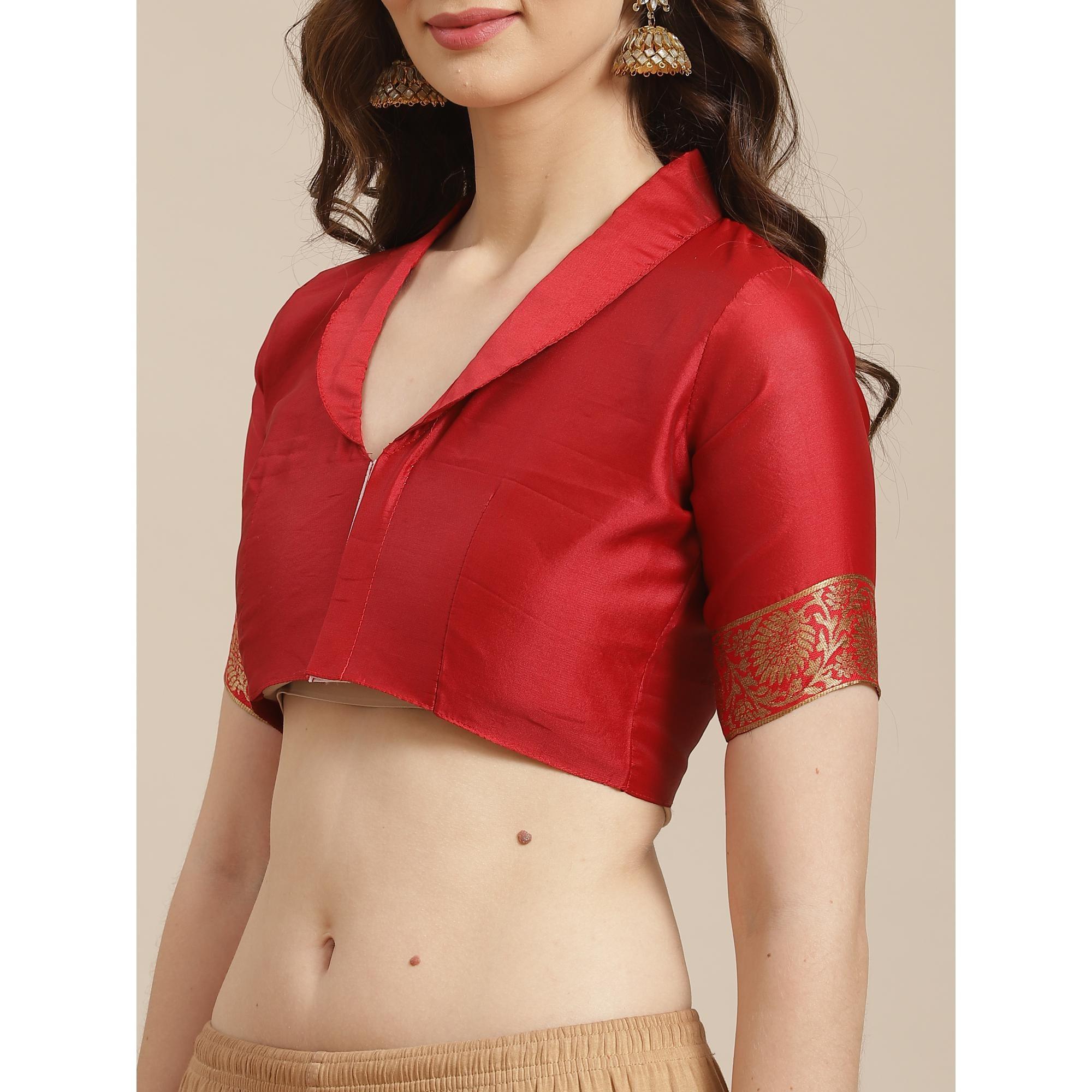 Glorious Red Colored Festive Wear Woven Silk Blend Saree - Peachmode