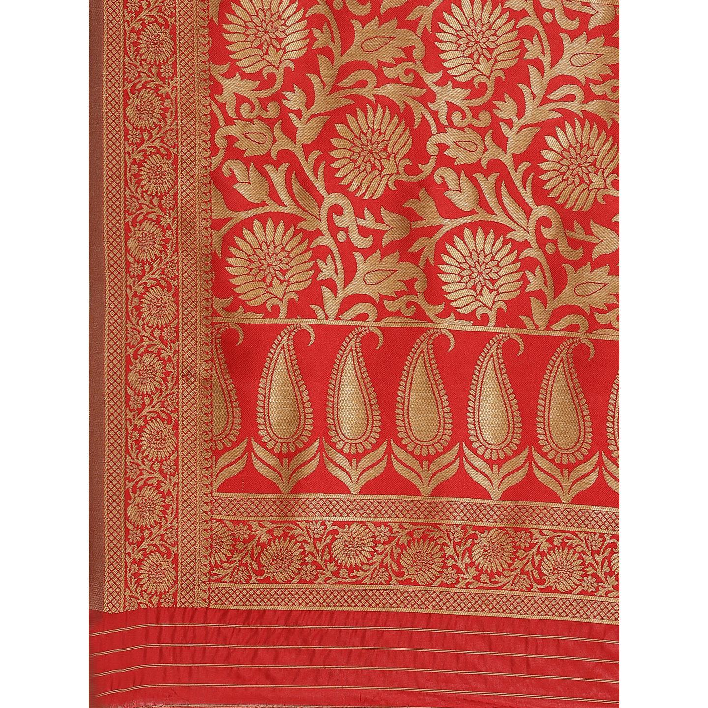 Glorious Red Colored Festive Wear Woven Silk Blend Saree - Peachmode