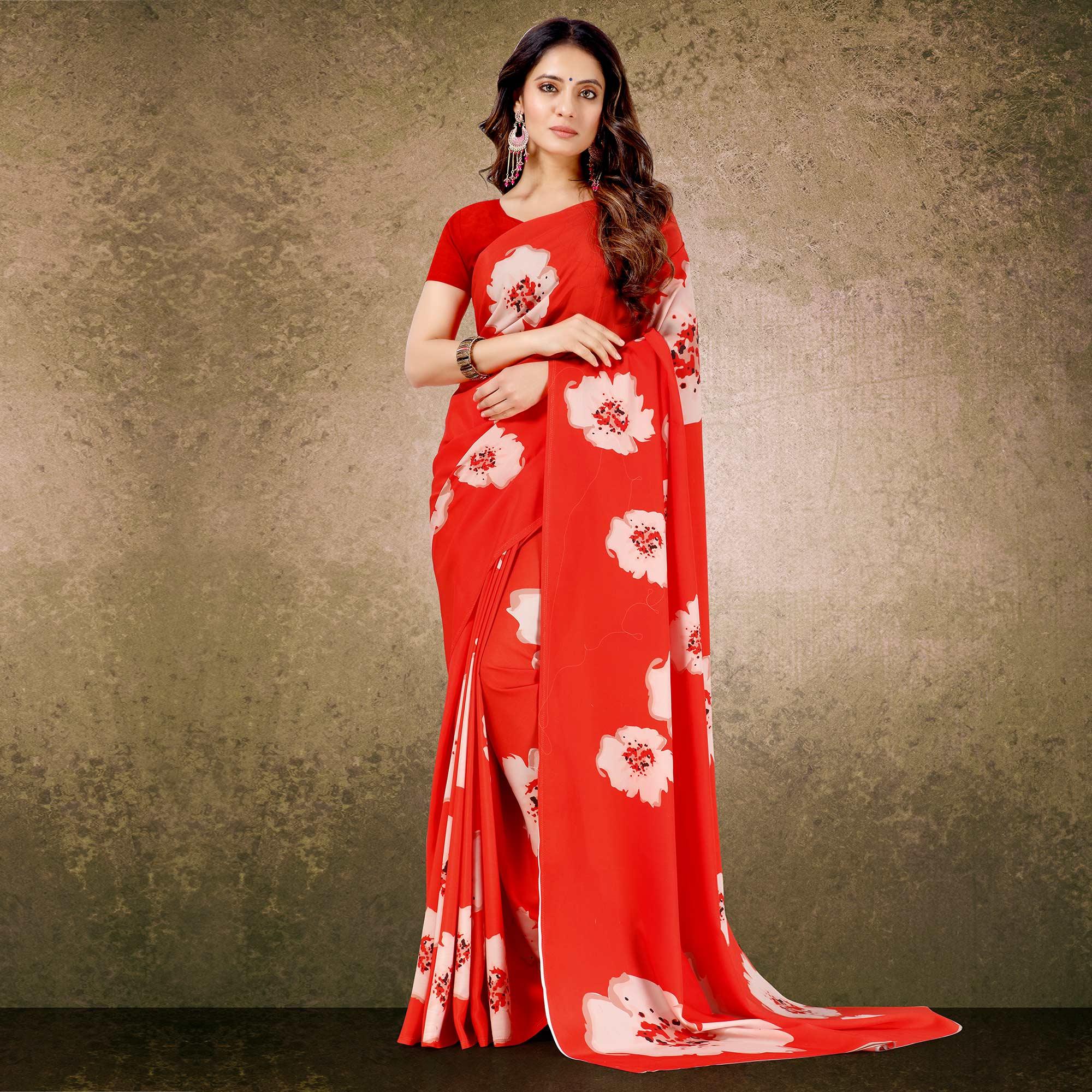 Glorious Red Floral Digital Print Casual Wear French Crepe Saree - Peachmode