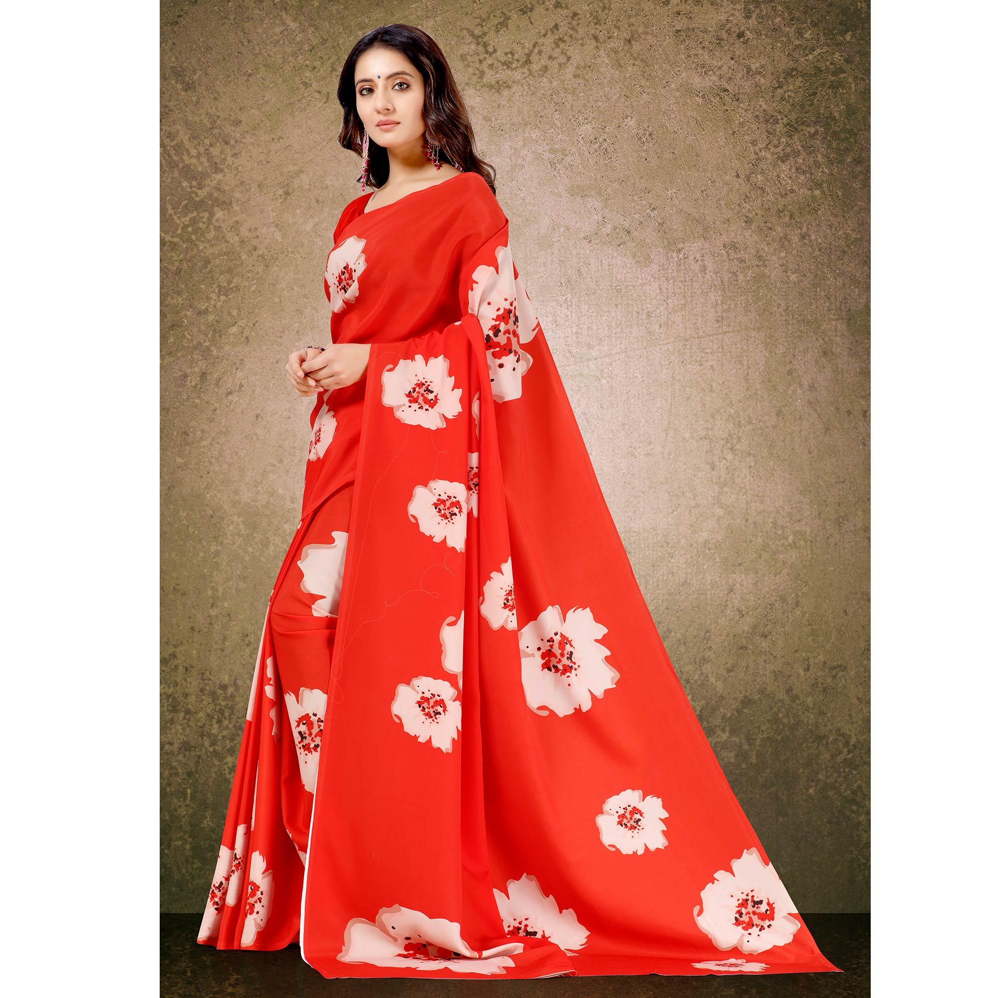 Glorious Red Floral Digital Print Casual Wear French Crepe Saree - Peachmode