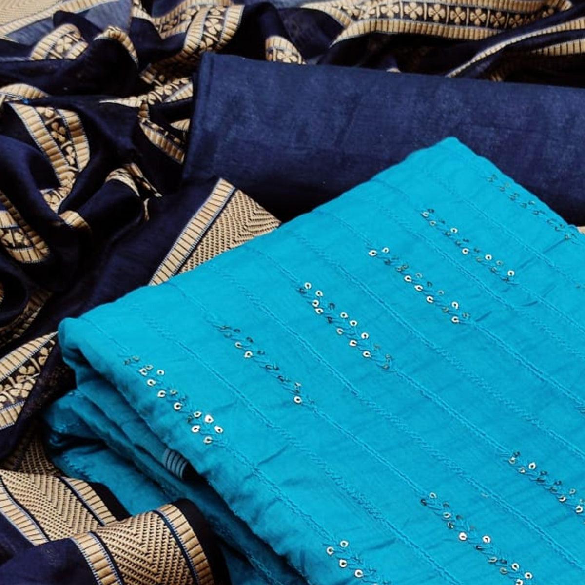 Glorious Sky Blue Colored Casual Wear Embroidered Chanderi Dress Material - Peachmode