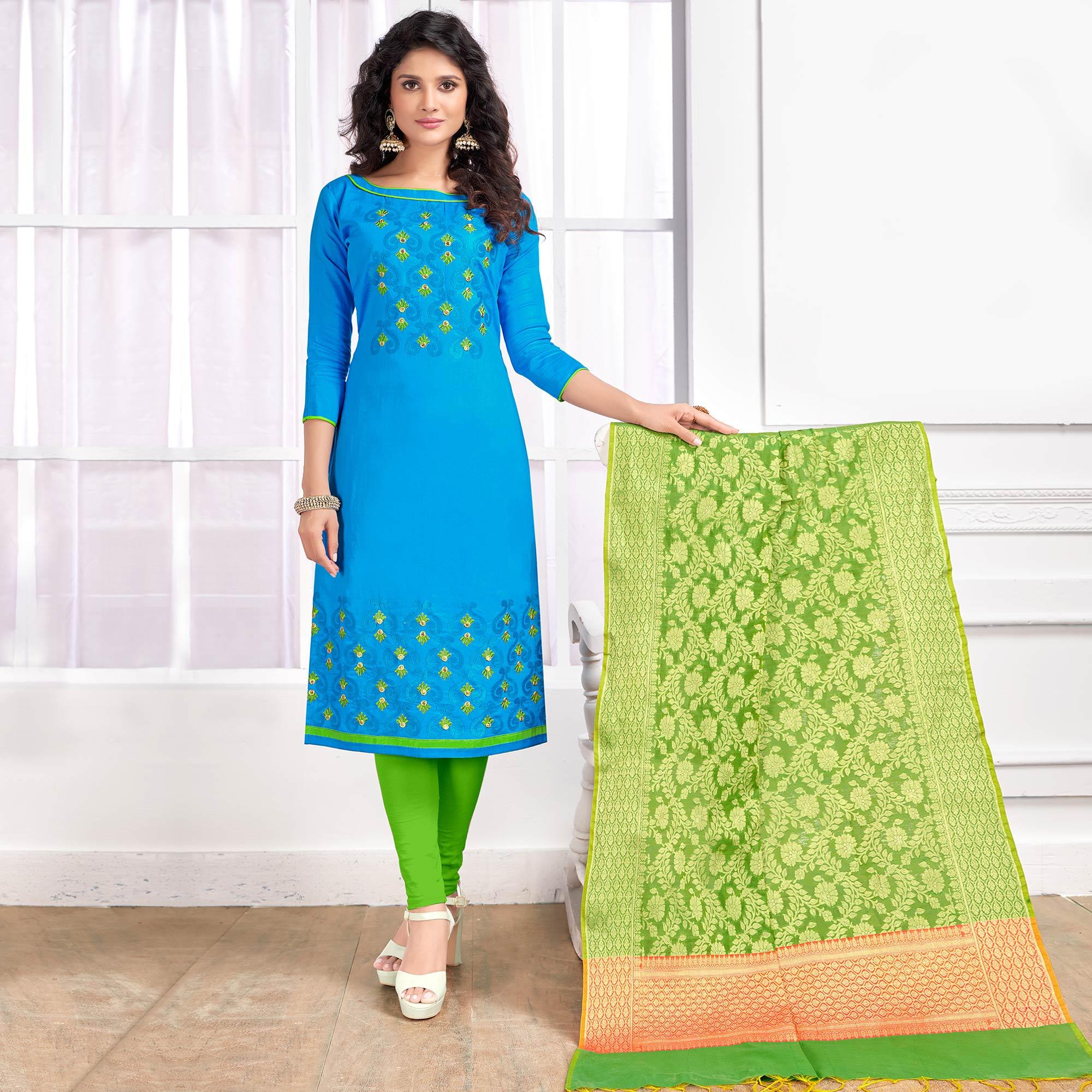 Glorious Sky Blue Colored Party Wear Embroidered Cotton Salwar Suit - Peachmode