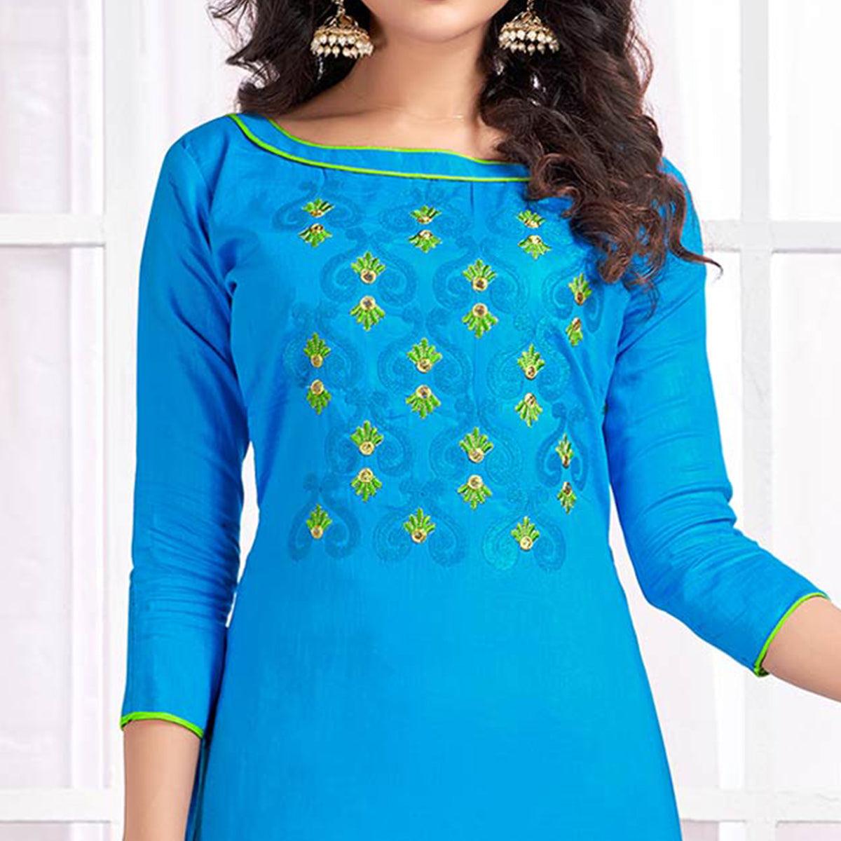 Glorious Sky Blue Colored Party Wear Embroidered Cotton Salwar Suit - Peachmode