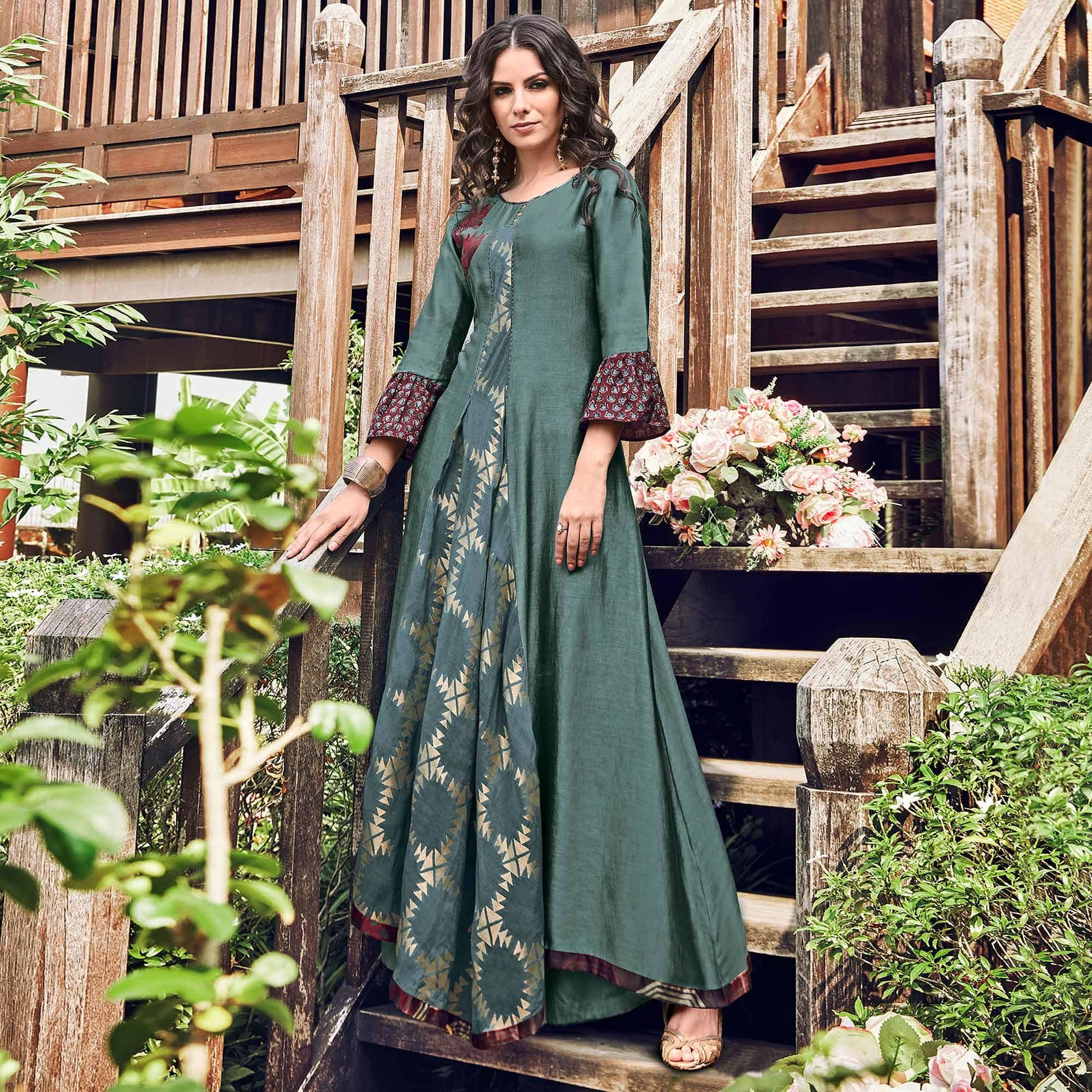 Glorious Teal Grey Colored Party Wear Printed Modal-Jacquard Long Kurti - Peachmode
