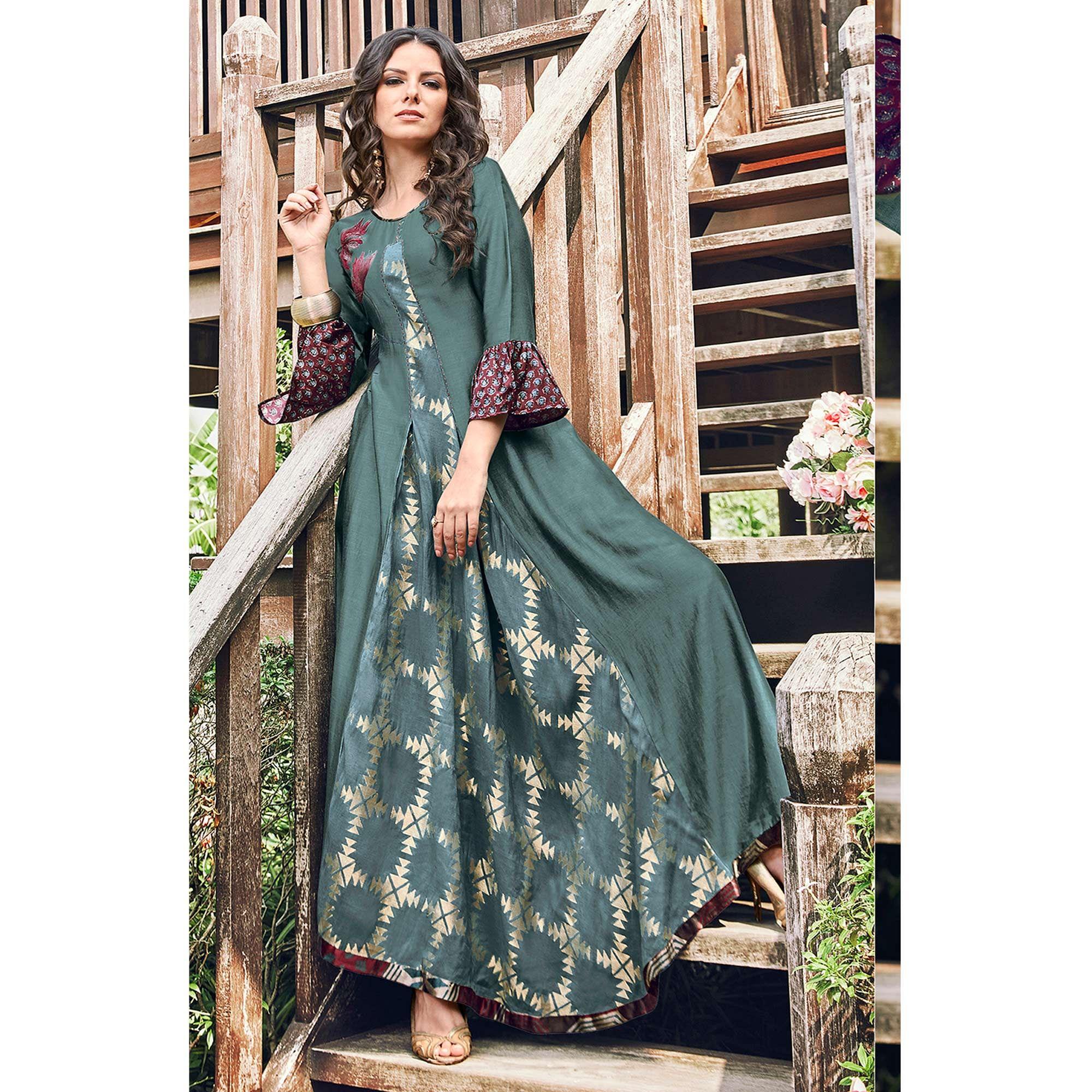 Glorious Teal Grey Colored Party Wear Printed Modal-Jacquard Long Kurti - Peachmode