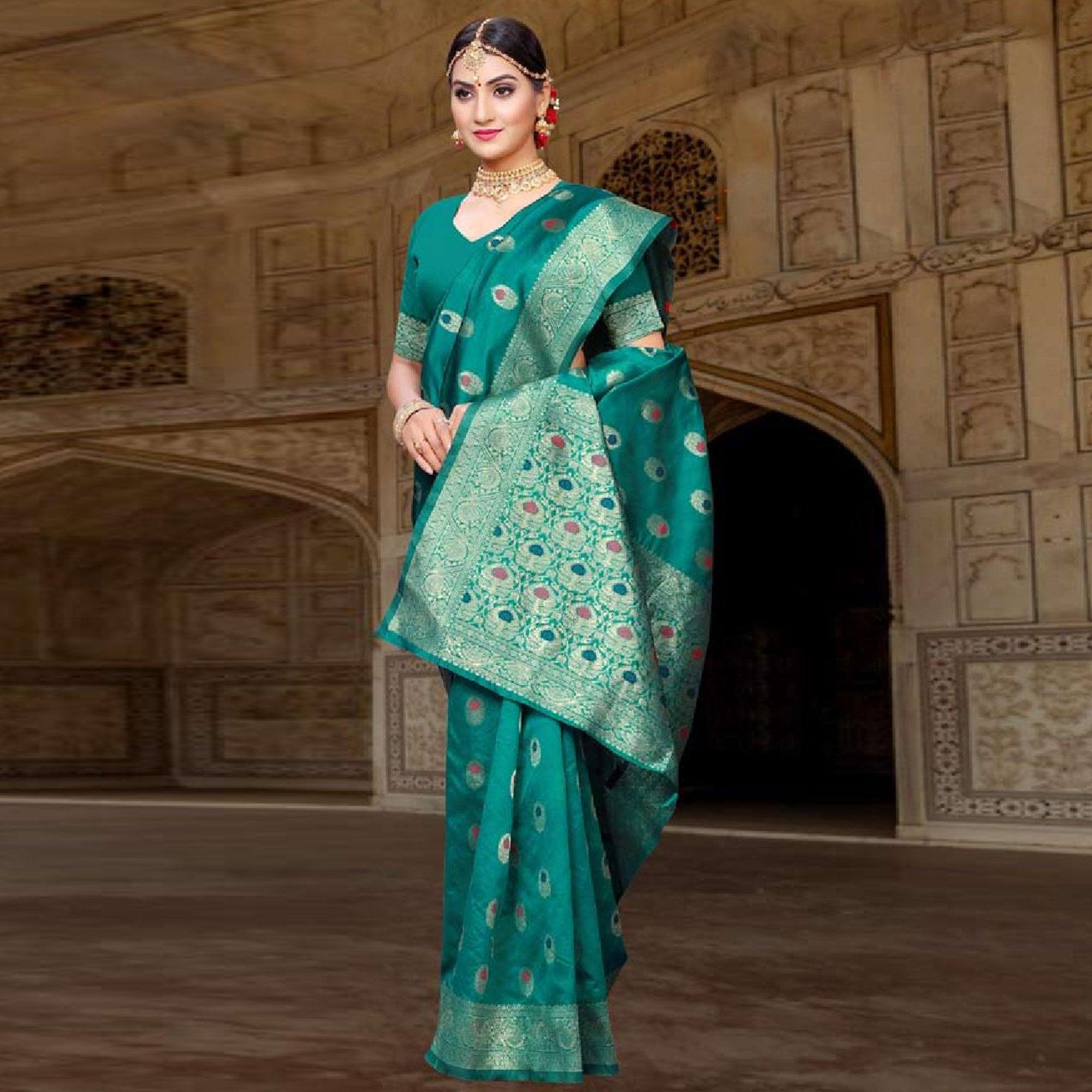 Glorious Turquoise Green Colored Festive Wear Woven Art Silk Saree - Peachmode
