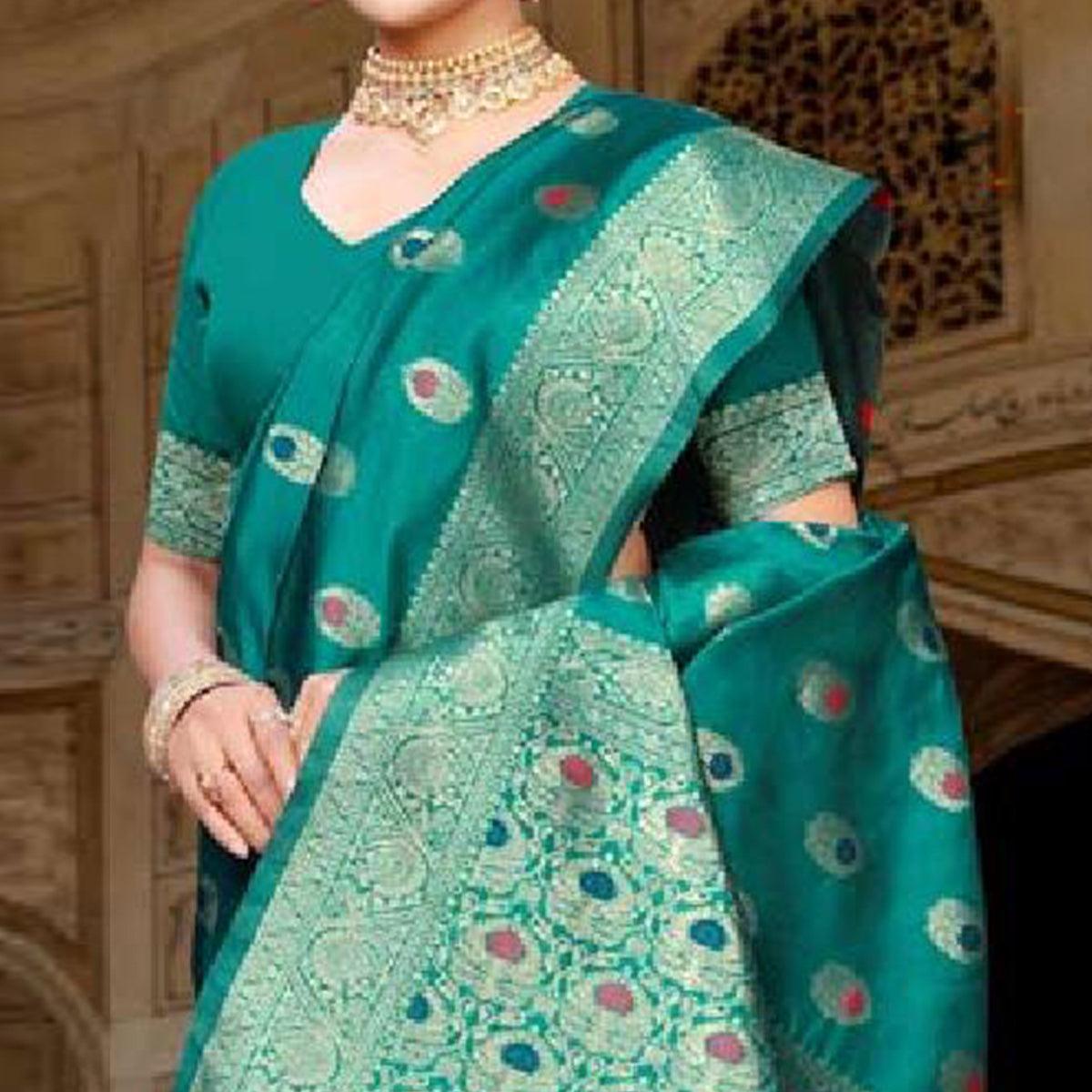 Glorious Turquoise Green Colored Festive Wear Woven Art Silk Saree - Peachmode