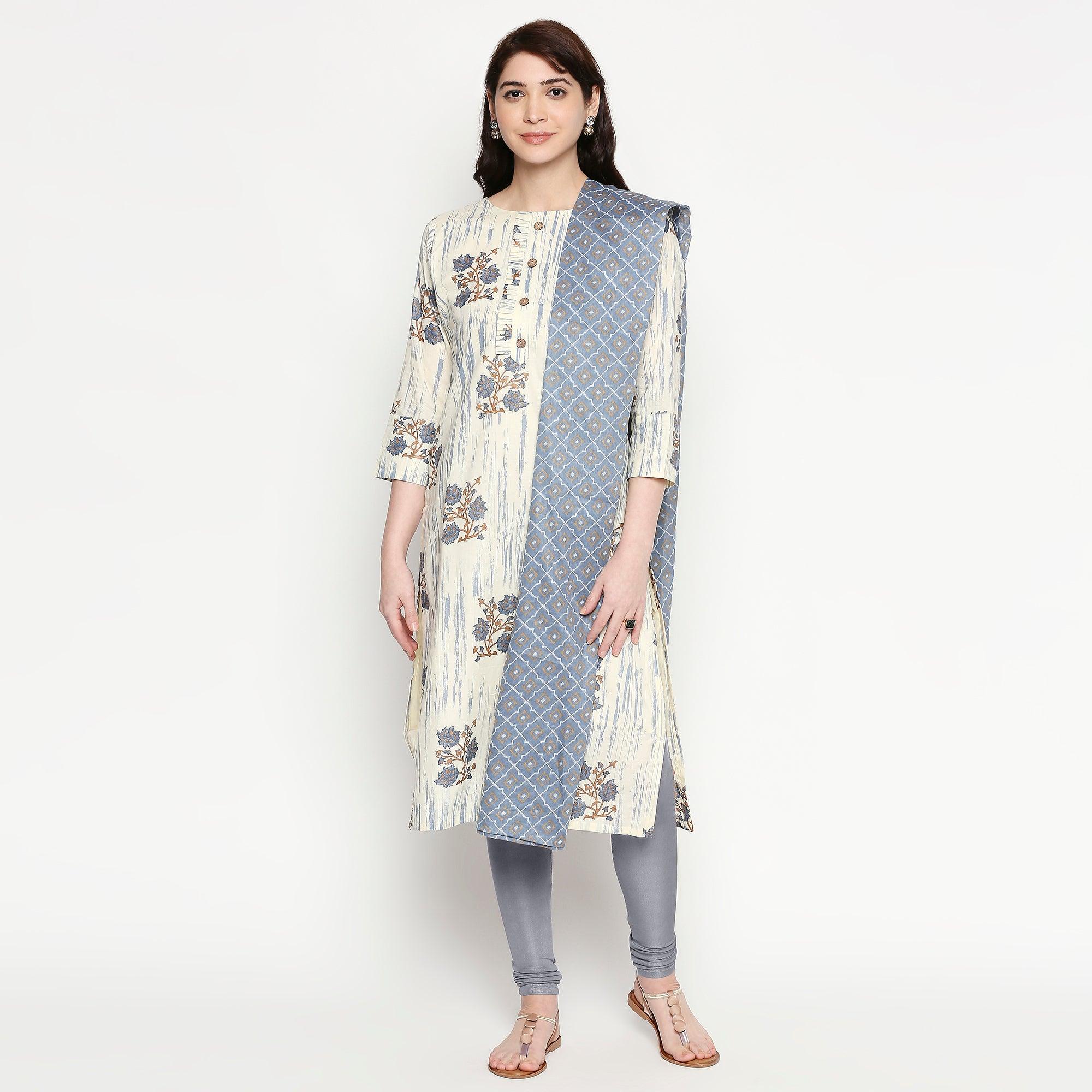 Glorious White-Grey Colored Casual Wear Floral Printed Cotton Kurti With Dupatta - Peachmode