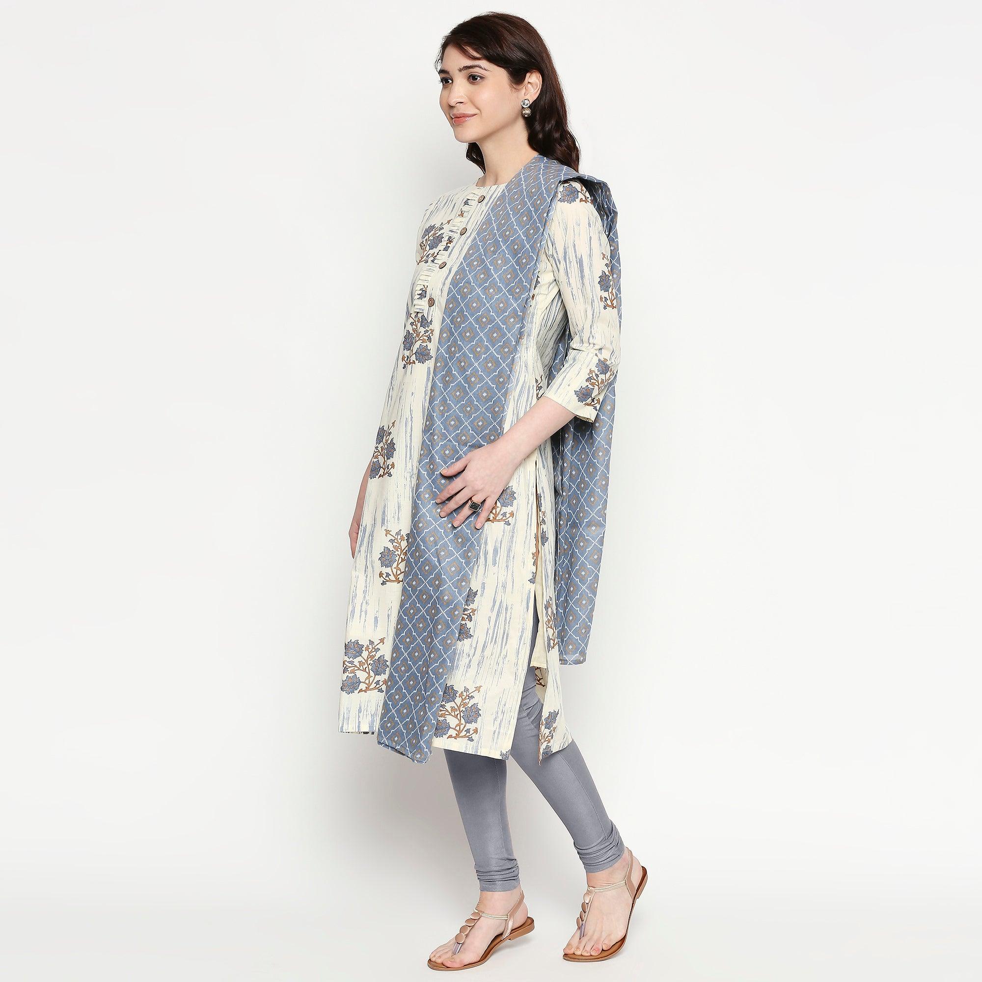 Glorious White-Grey Colored Casual Wear Floral Printed Cotton Kurti With Dupatta - Peachmode