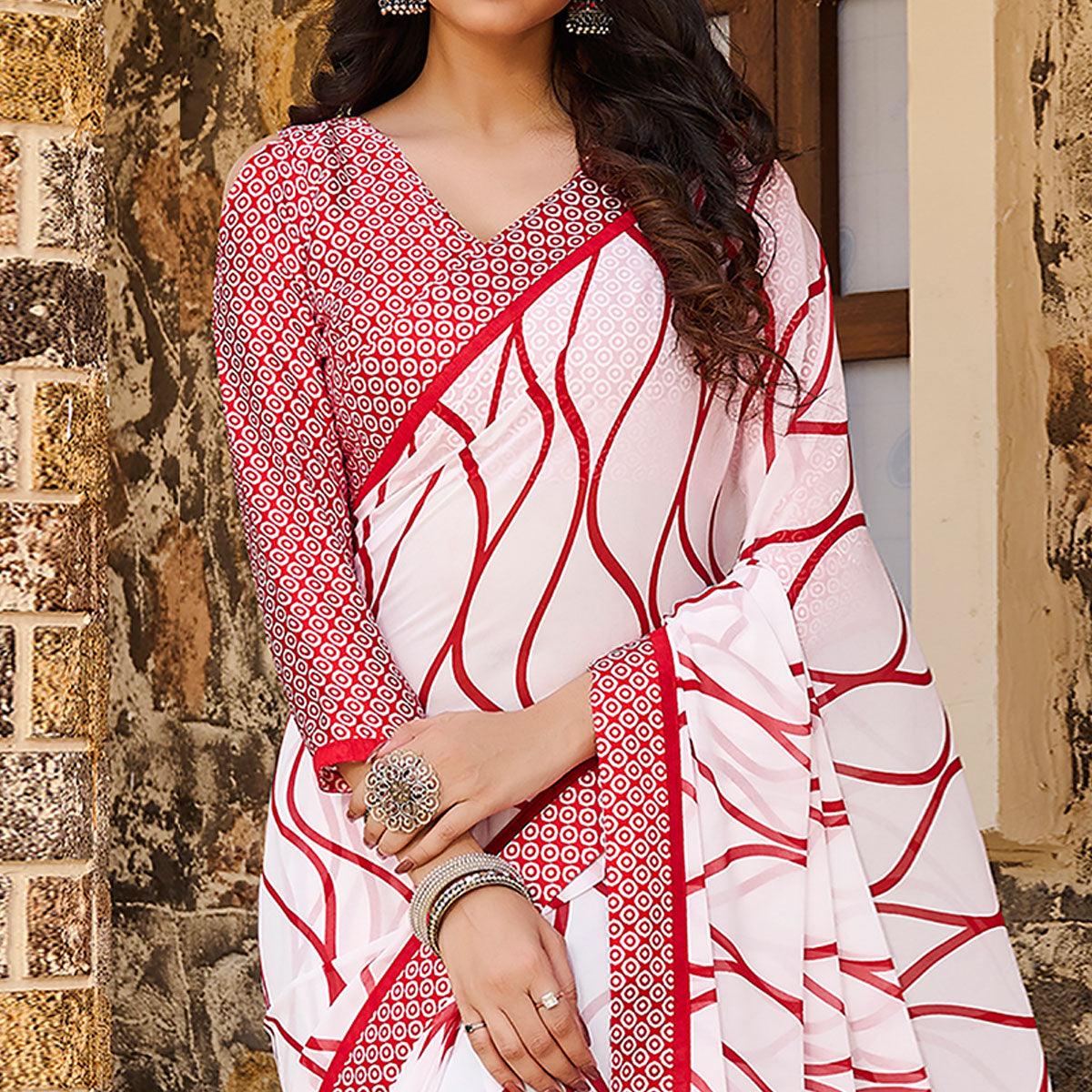 Glorious White - Red Colored Casual Wear Printed Satin Saree - Peachmode
