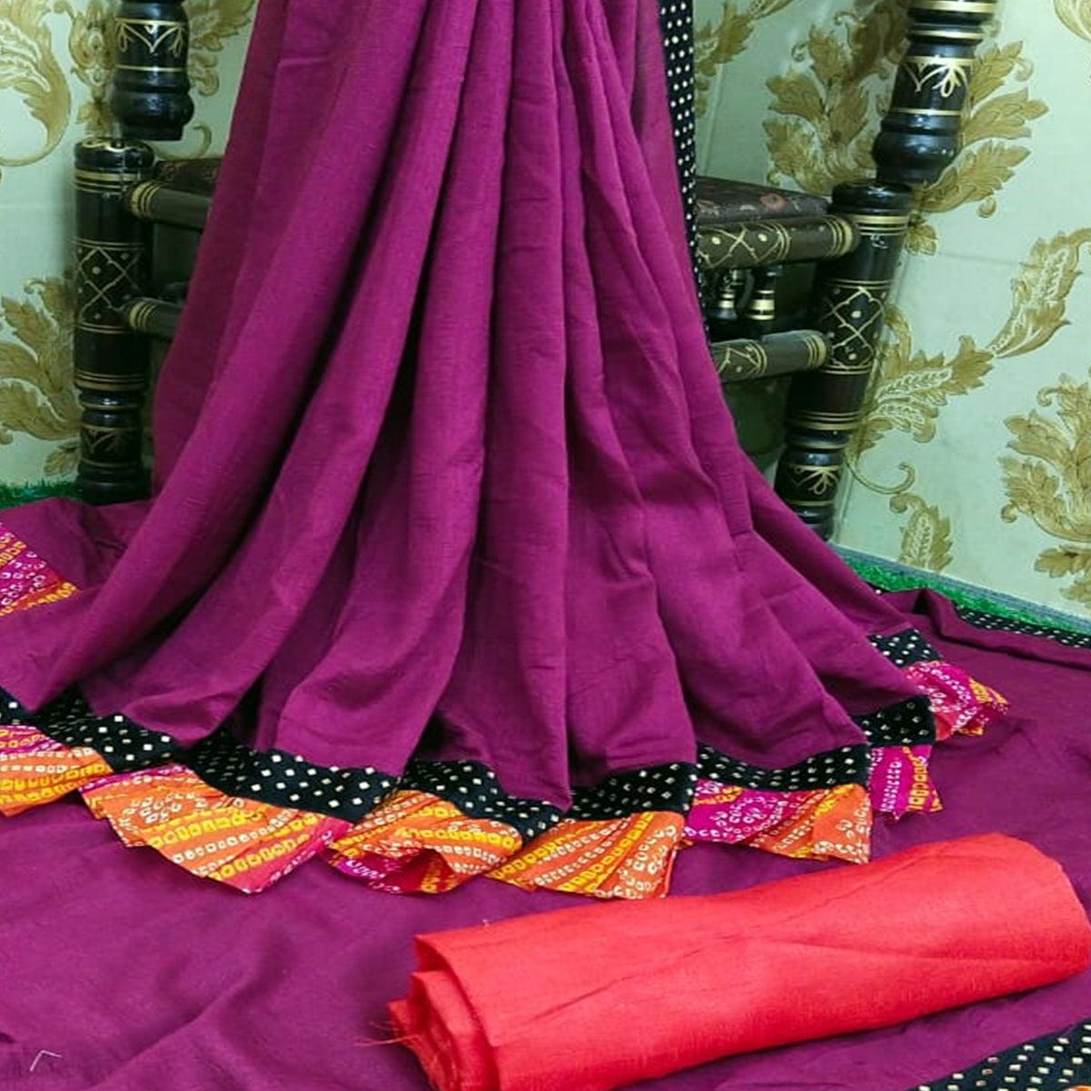 Glorious Wine Colored Partywear Solid Vichitra Silk Saree With Bandhani Print Ruffle - Peachmode