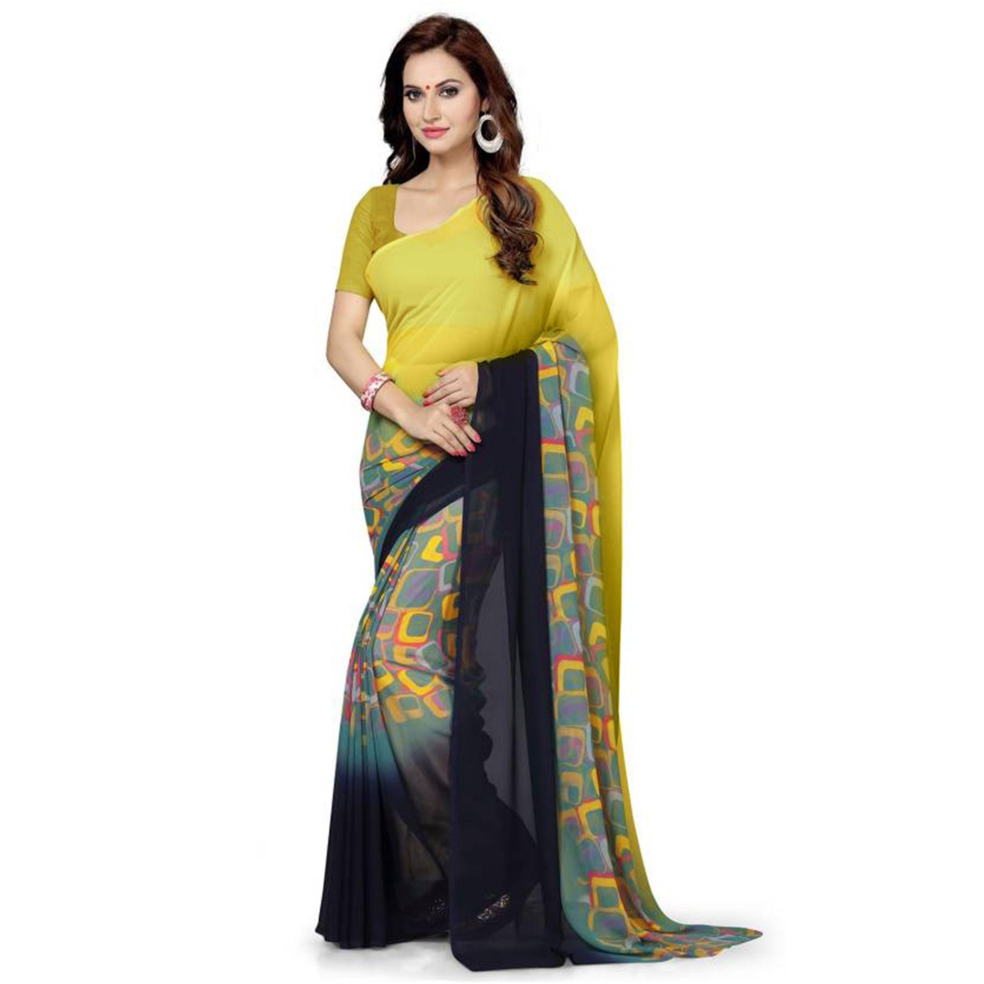 Glorious Yellow Colored Casual Wear Printed Georgette Saree - Peachmode