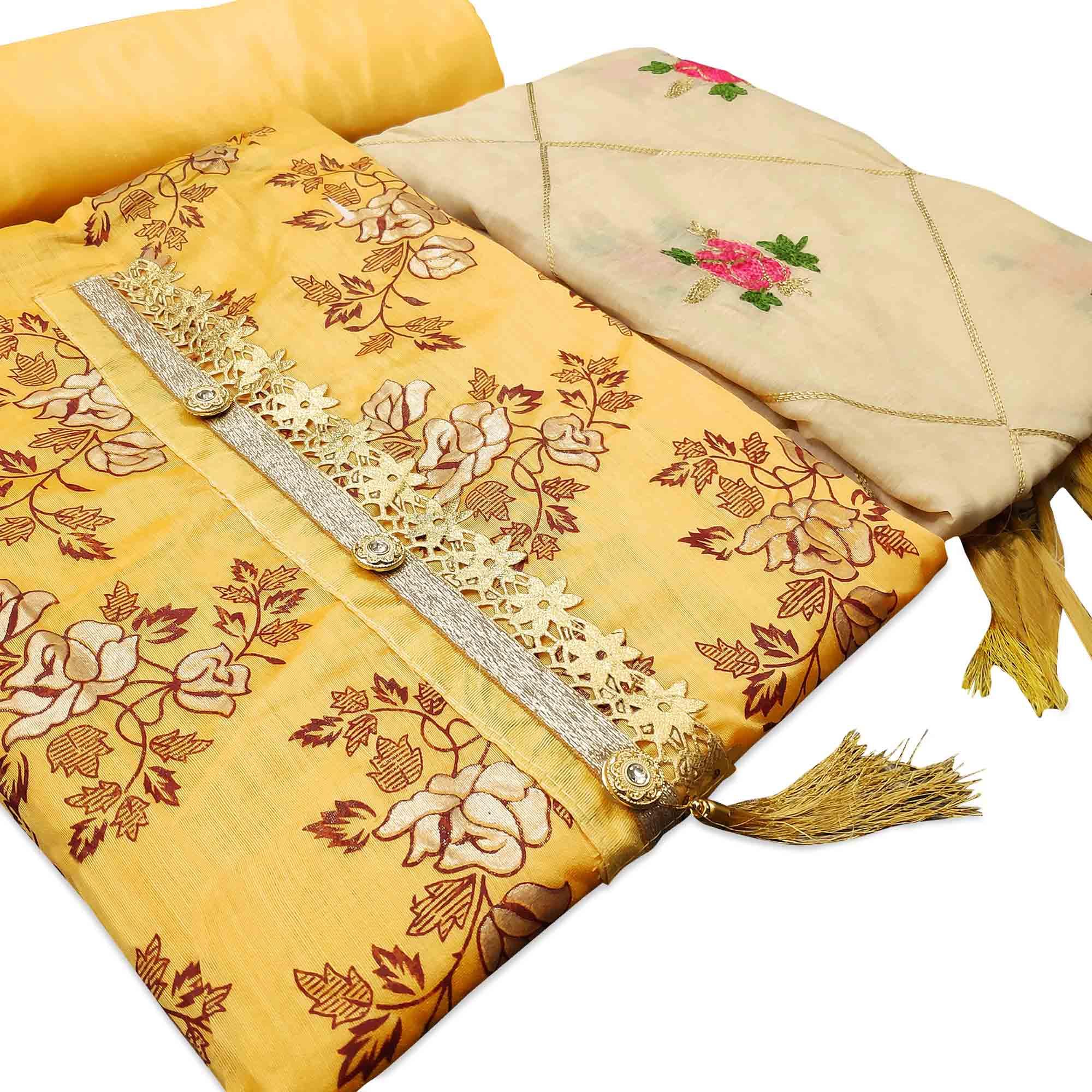 Glorious Yellow Colored Casual Wear Printed Modal Silk Dress Material - Peachmode