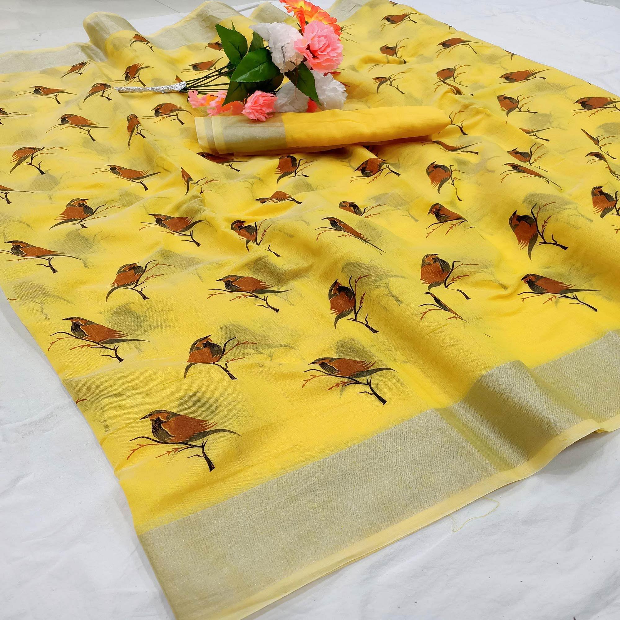 Glorious Yellow Colored Casual Wear Sparrow Block Printed Cotton Linen Saree - Peachmode