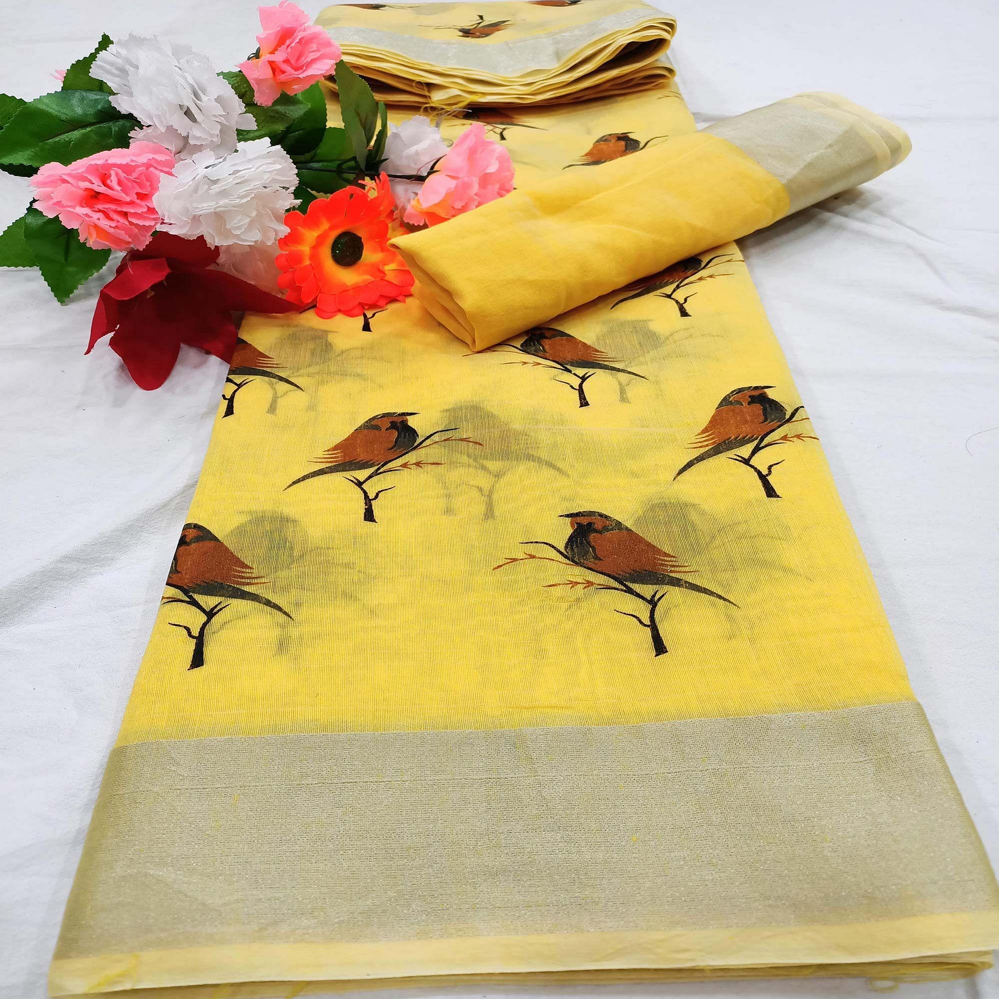 Glorious Yellow Colored Casual Wear Sparrow Block Printed Cotton Linen Saree - Peachmode