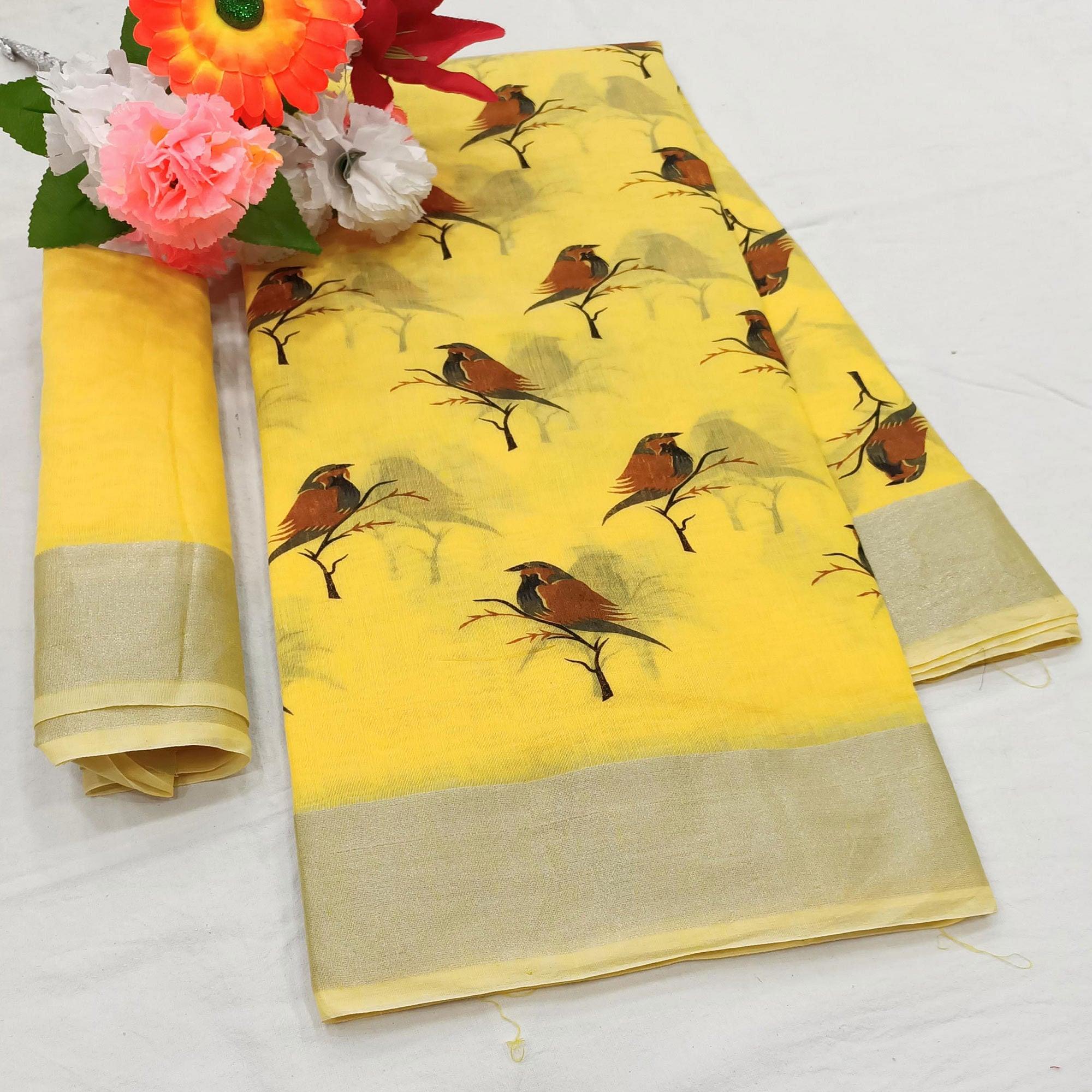 Glorious Yellow Colored Casual Wear Sparrow Block Printed Cotton Linen Saree - Peachmode