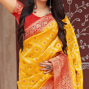 Glorious Yellow Colored Festive Wear Woven Banarasi Silk Saree - Peachmode