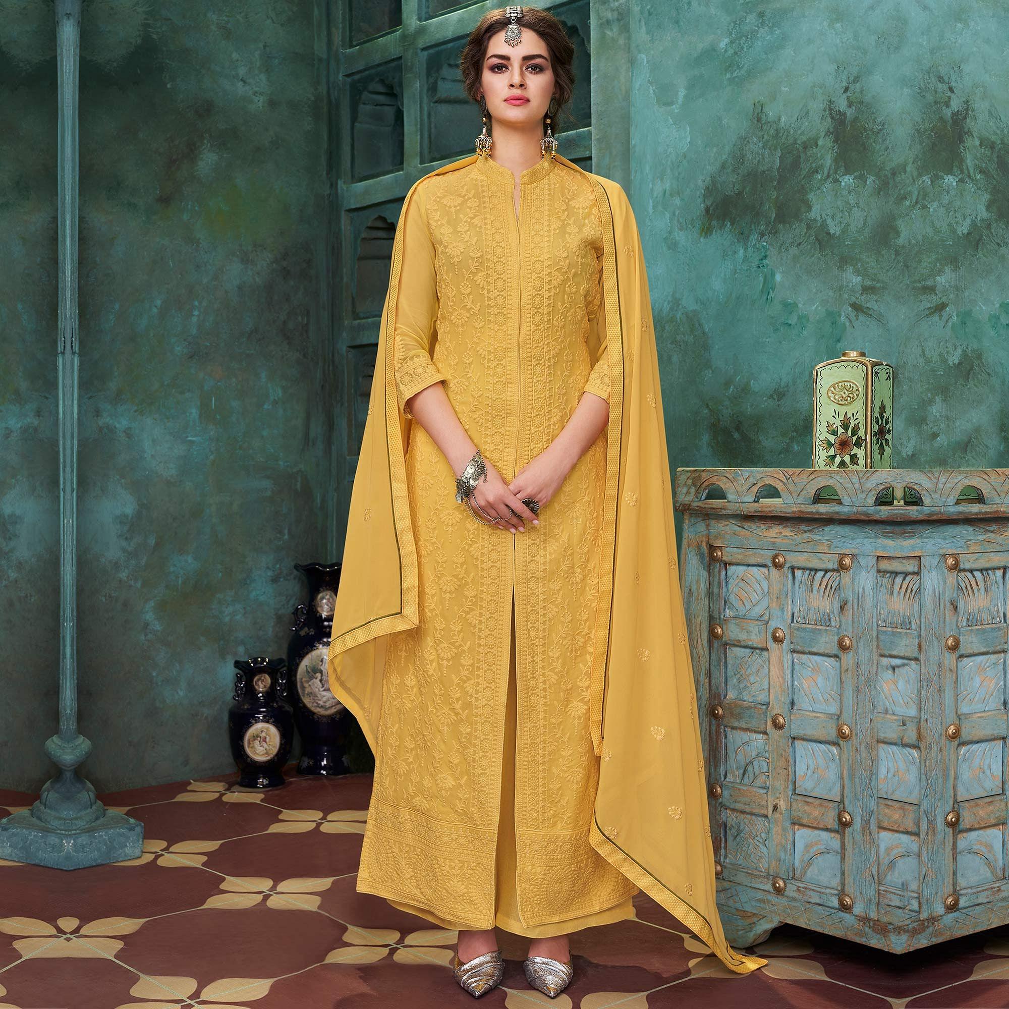 Glorious Yellow Colored Party Wear Embroidered Faux Georgette Palazzo Suit - Peachmode