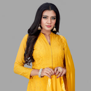 Glorious Yellow Colored Party Wear Embroidered Faux Georgette Palazzo Suit - Peachmode