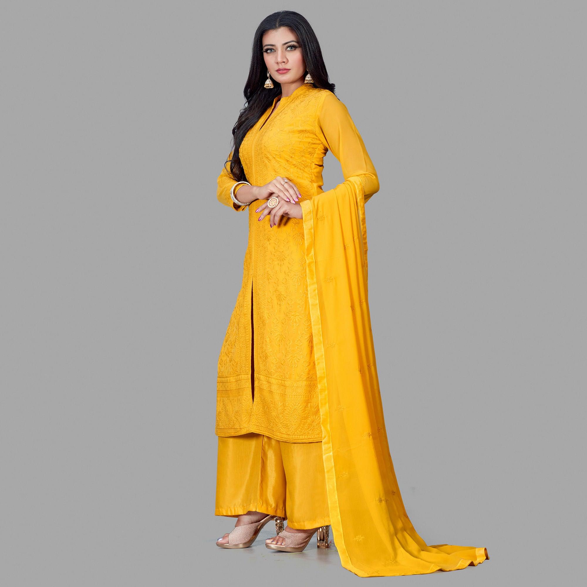 Glorious Yellow Colored Party Wear Embroidered Faux Georgette Palazzo Suit - Peachmode