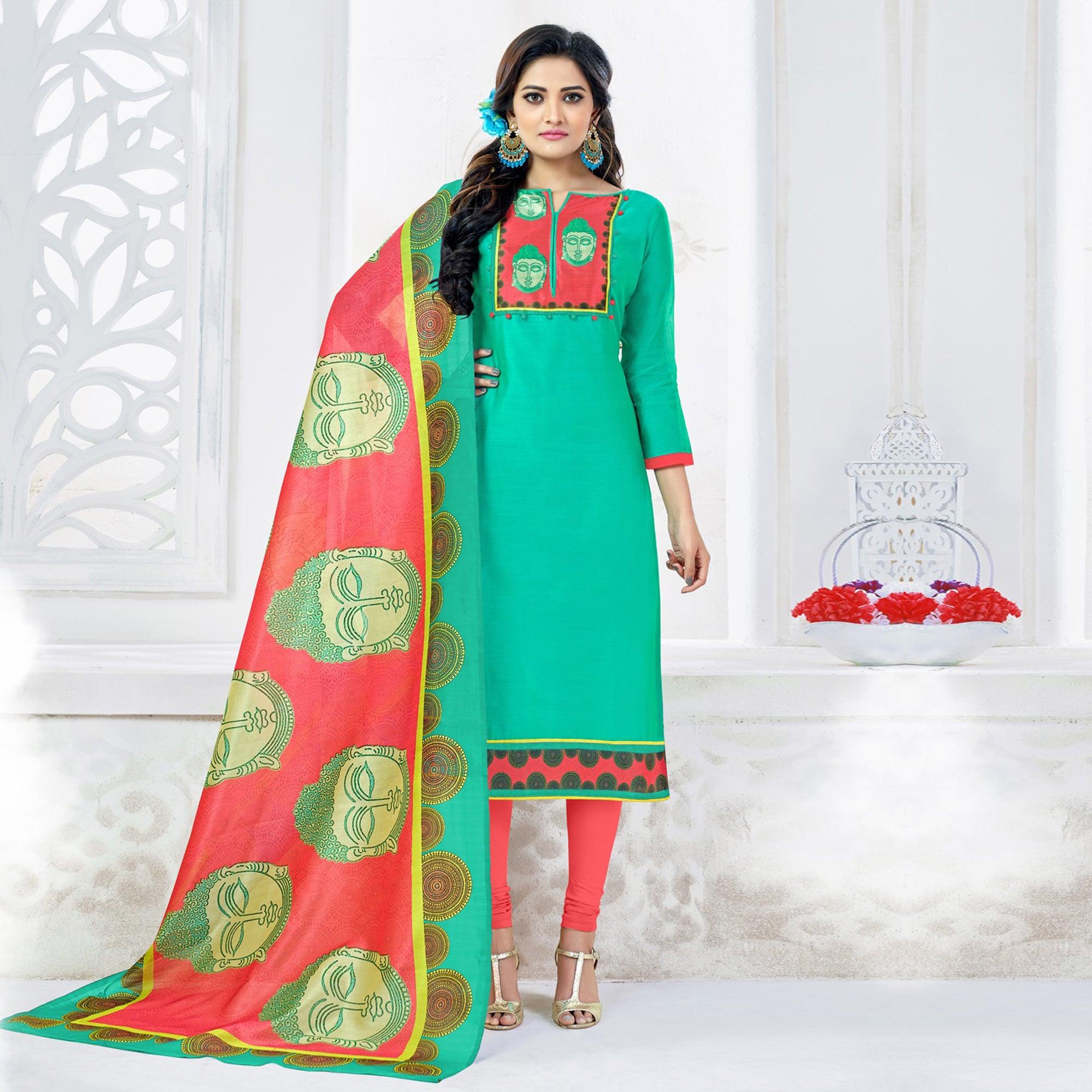 Glowing Aqua Green Colored Casual Printed Chanderi Dress Material - Peachmode