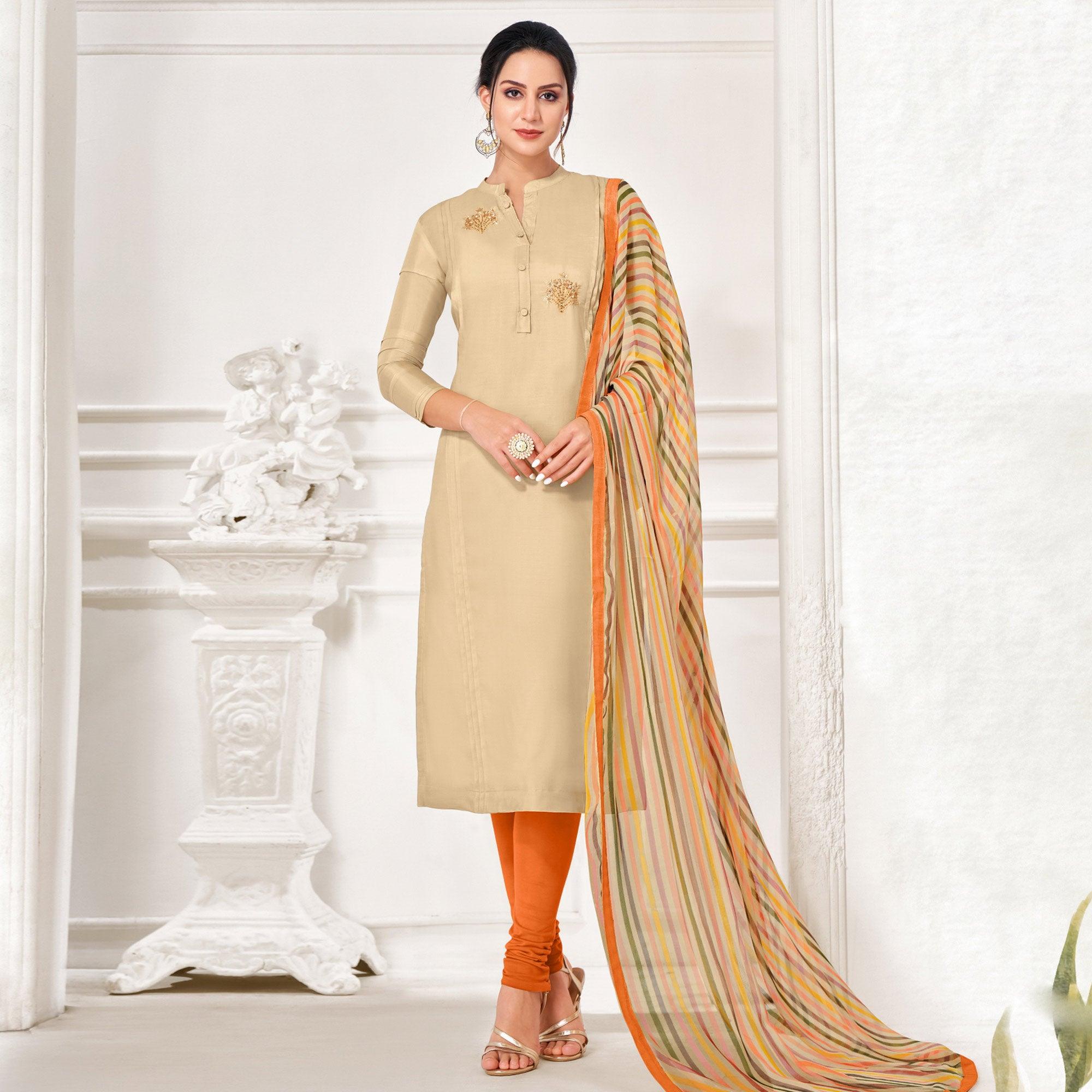 Glowing Beige Colored Casual Wear Embroidered Chanderi Dress Material - Peachmode