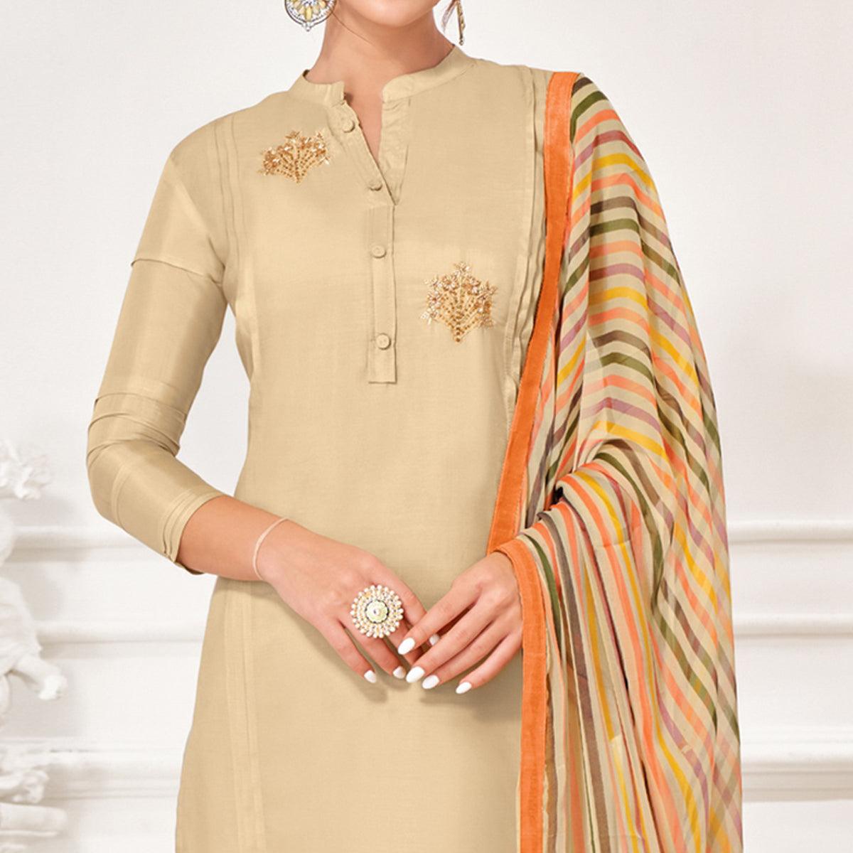 Glowing Beige Colored Casual Wear Embroidered Chanderi Dress Material - Peachmode