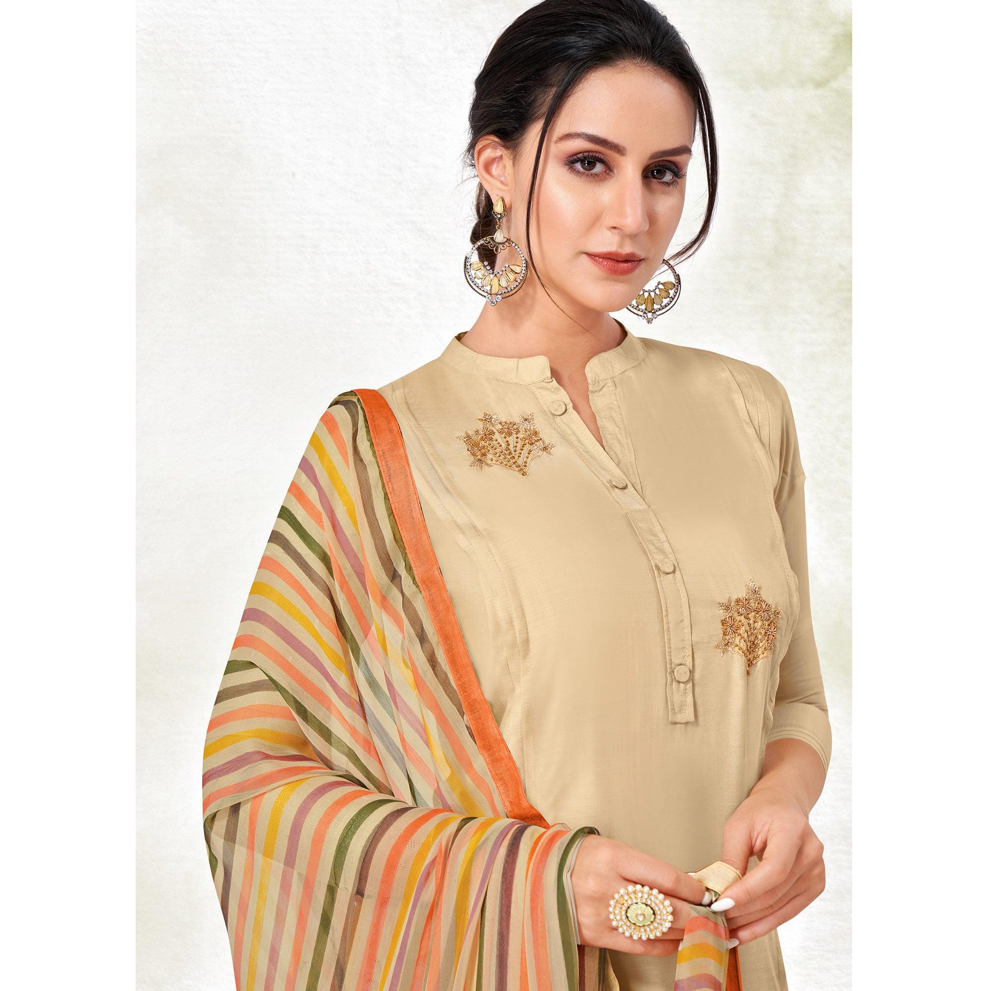 Glowing Beige Colored Casual Wear Embroidered Chanderi Dress Material - Peachmode