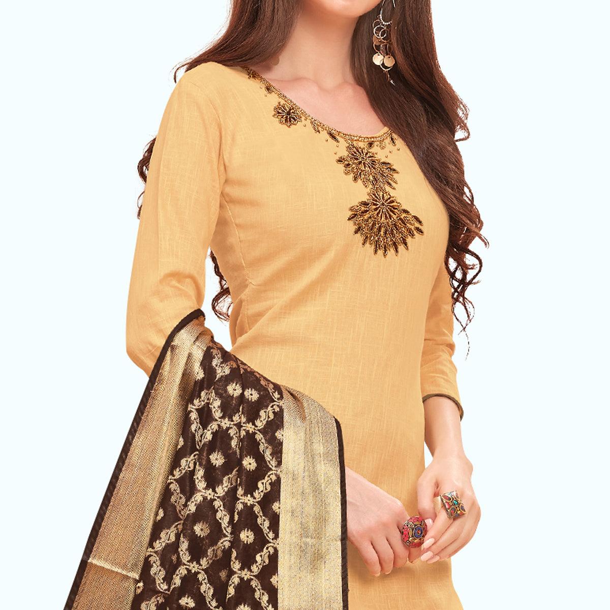 Glowing Beige Colored Casual Wear Embroidered Cotton Dress Material With Banarasi Silk Dupatta - Peachmode