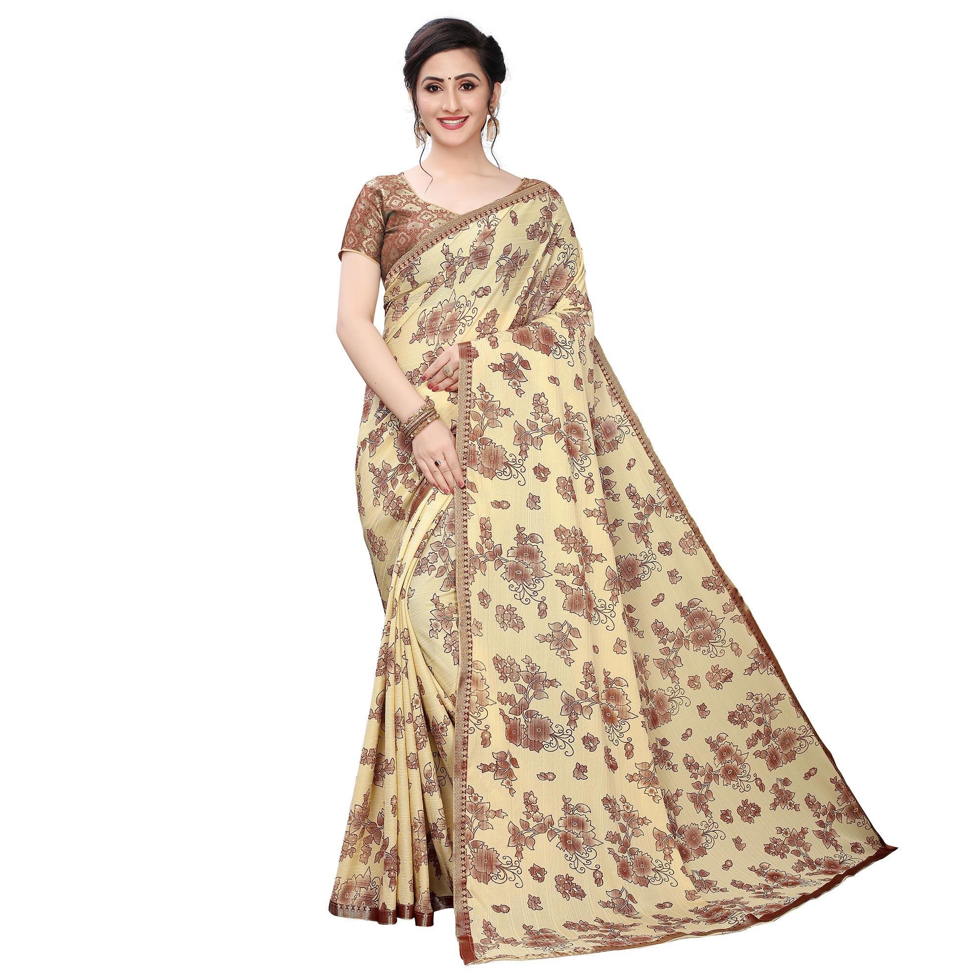Glowing Beige Colored Casual Wear Printed Art Silk Saree - Peachmode