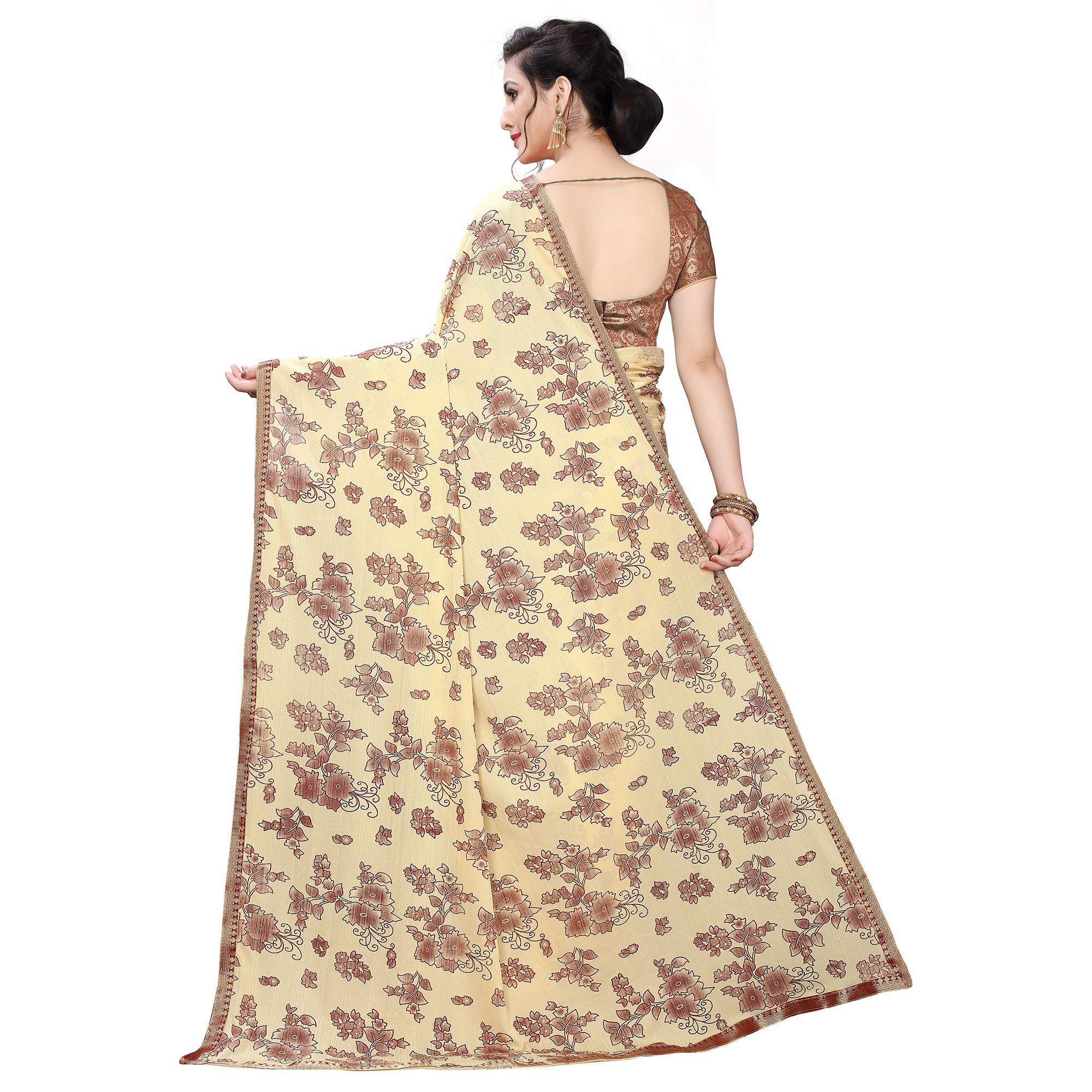 Glowing Beige Colored Casual Wear Printed Art Silk Saree - Peachmode